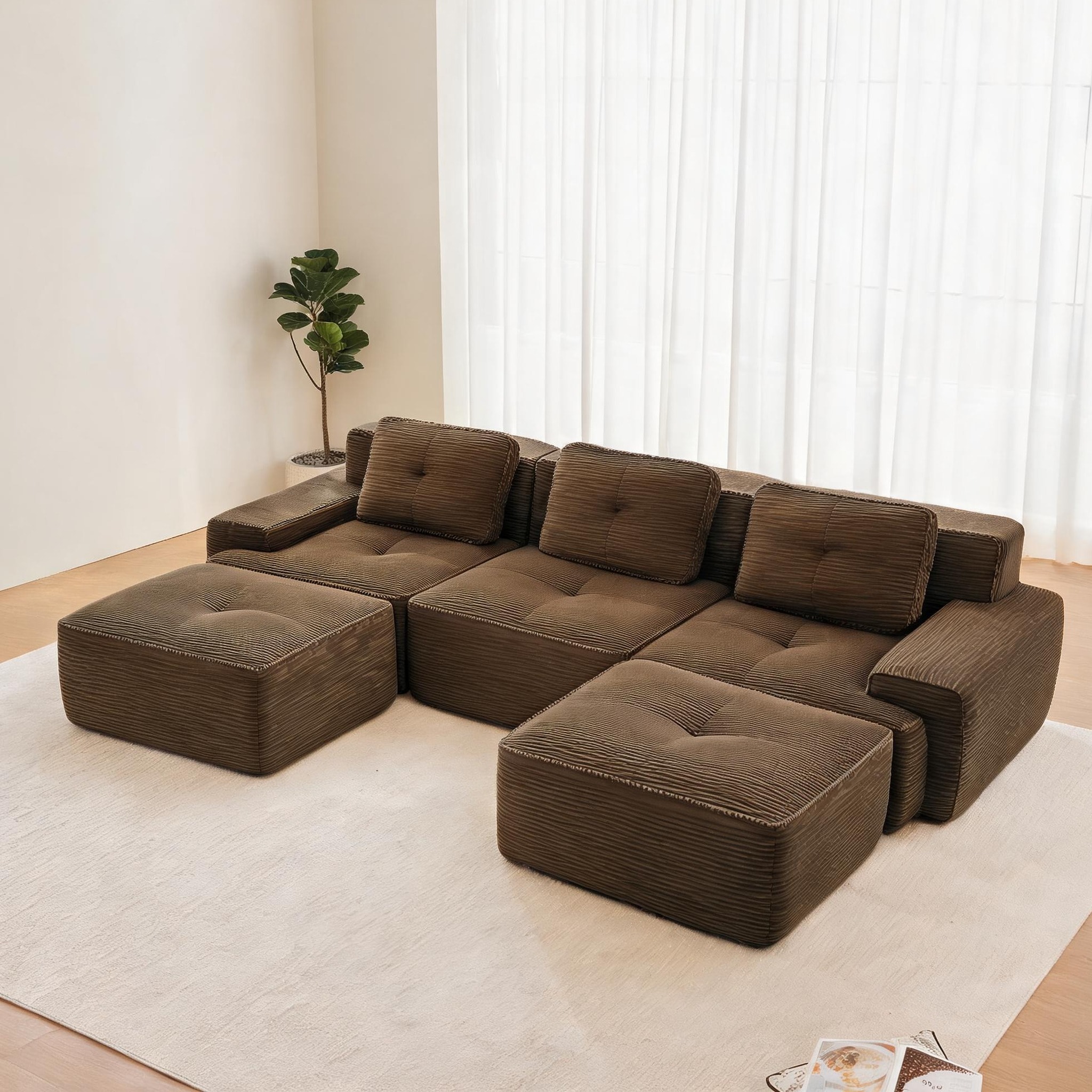 Watnature - U-Shaped Modular Sectional Sofa Classic Brown Corduroy 117-Inch Deep Seat with Movabl...