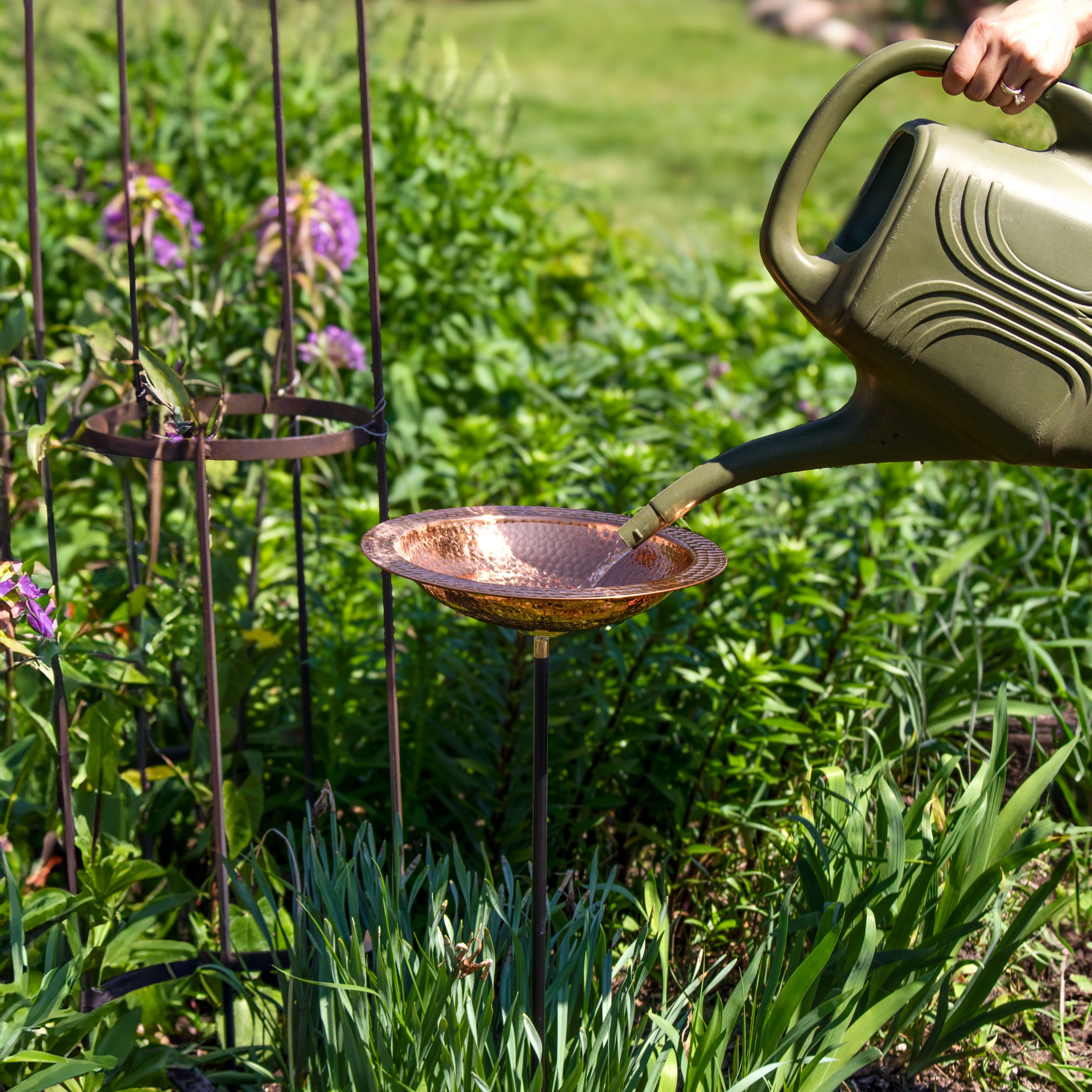 Hand-Hammered Copper Standing Bird Bath with Iron Stake