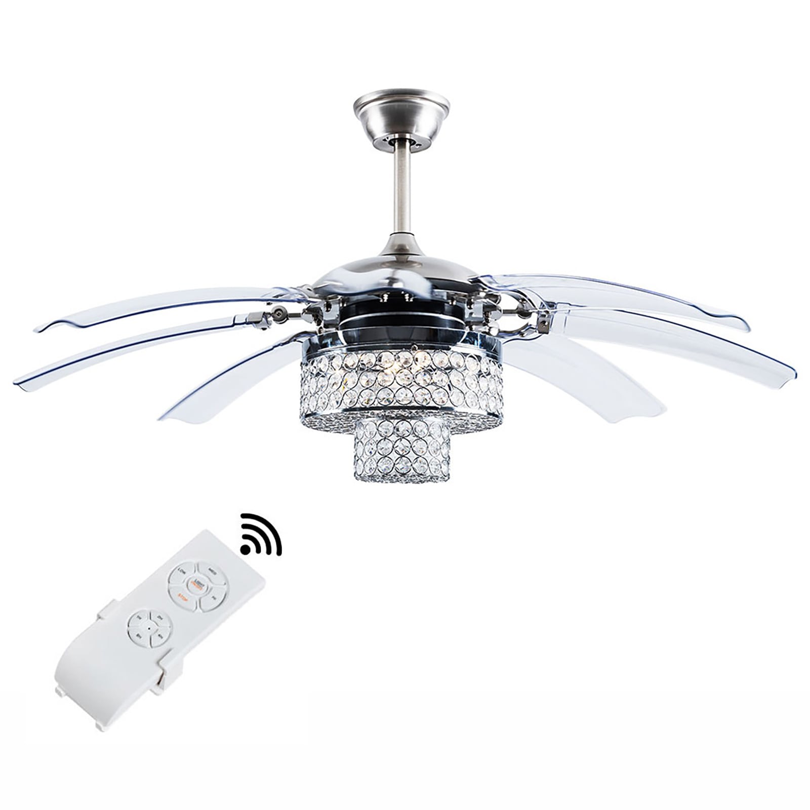 Oukaning HG-HCXLST-4863-US 48-Inches LED Chorme Two-layer with ABS Blades Color-Changing Integrated LED Fixture Indoor Downrod mount Chandelier Ceiling Fan With Light and Remote ( 8 -Blade)
