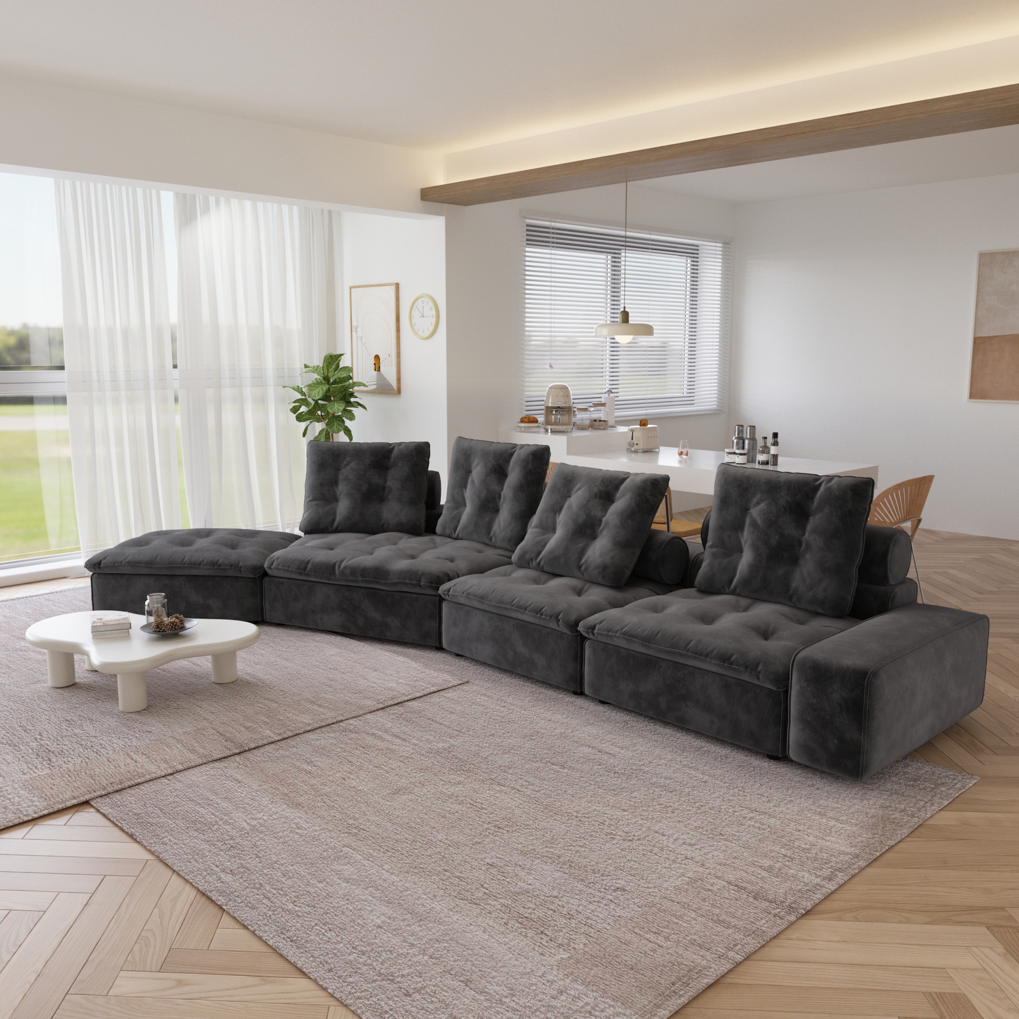 BuotiqHom DH-C1234-136GY 175-in Modern Gray Velvet 6+ -seater Sectional