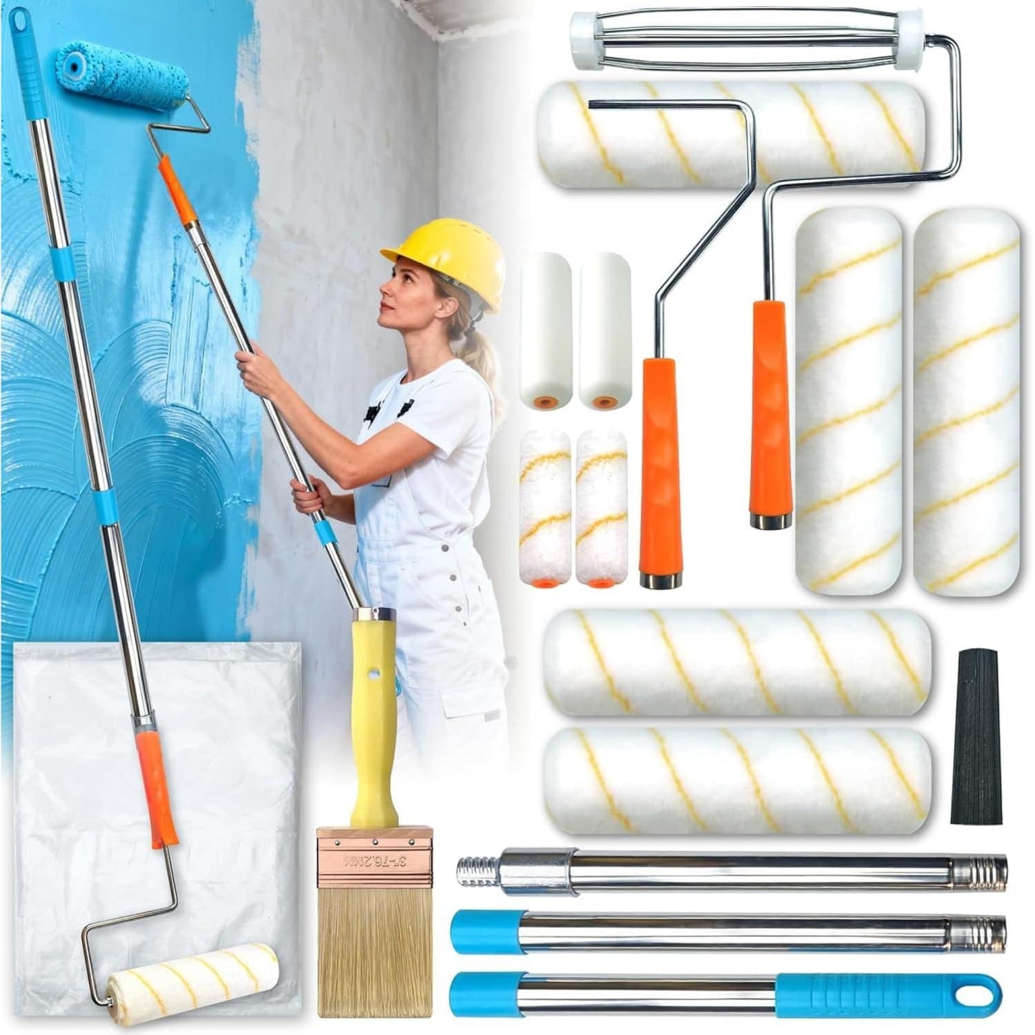 OGETFUUR 16-Piece Paint Roller Kit with with Paint Rollers Covers Frame Tray Painters Paint Brush for Walls Ceilings Wood Furniture