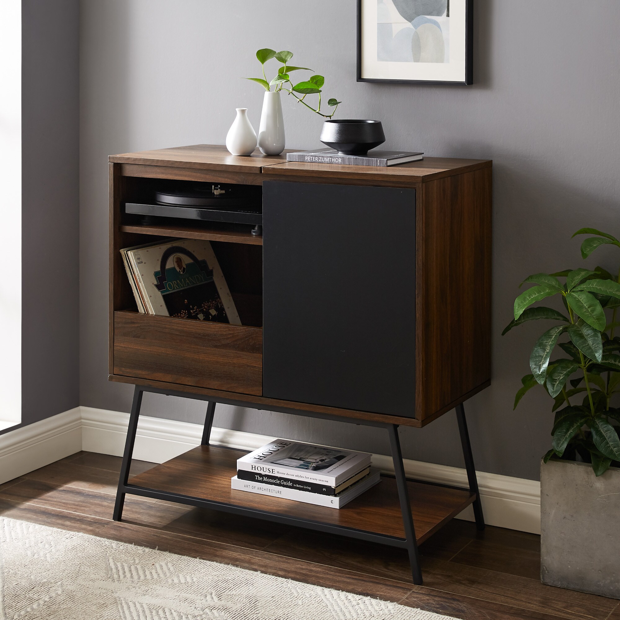 Walker Edison LWF30BONSBDW Dark walnut Mid-century Metal Media Cabinet