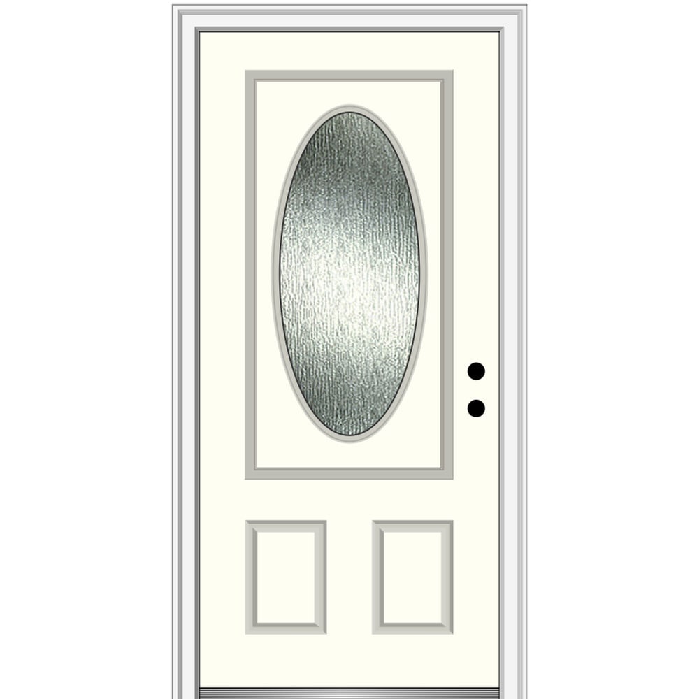 MMI DOOR ZZ367840L 36-in x 80-in x 4-9/16-in Fiberglass Oval lite Left-hand inswing Alabaster Painted Prehung Front Door with Brickmould Insulating core