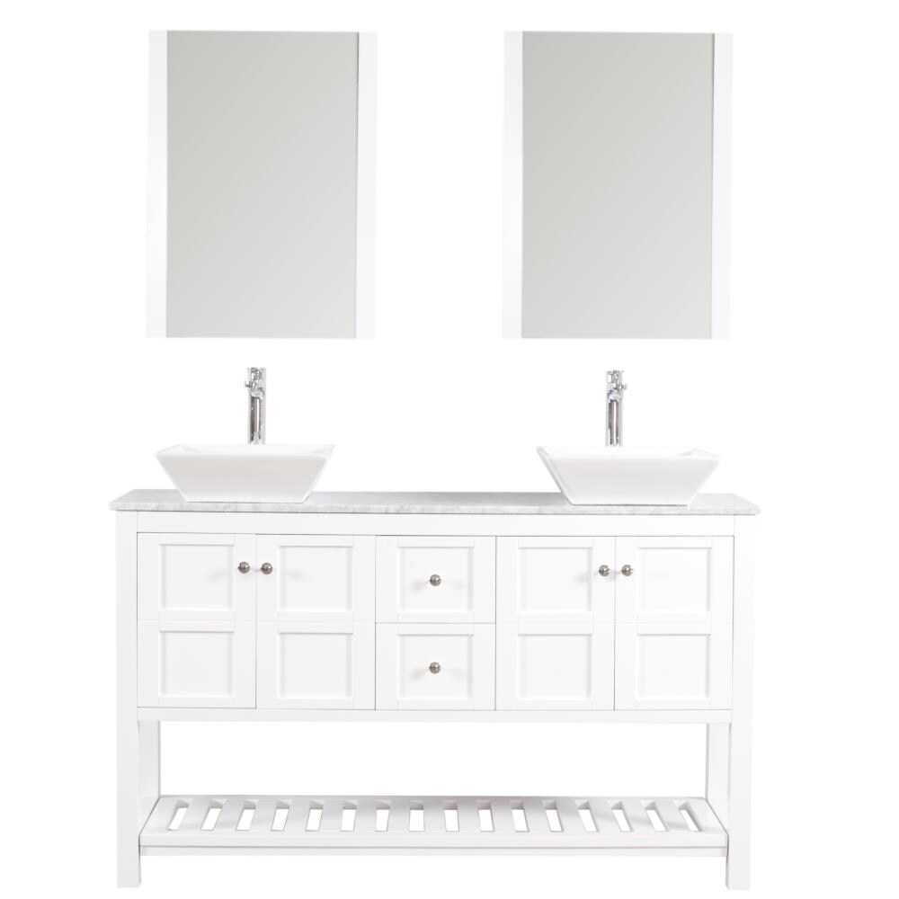 C.L.L Collections MH-60-I-WH Manhattan 60-in White Double Sink Bathroom Vanity with White with Grey Vein Marble Top (Mirror and Faucet Included)