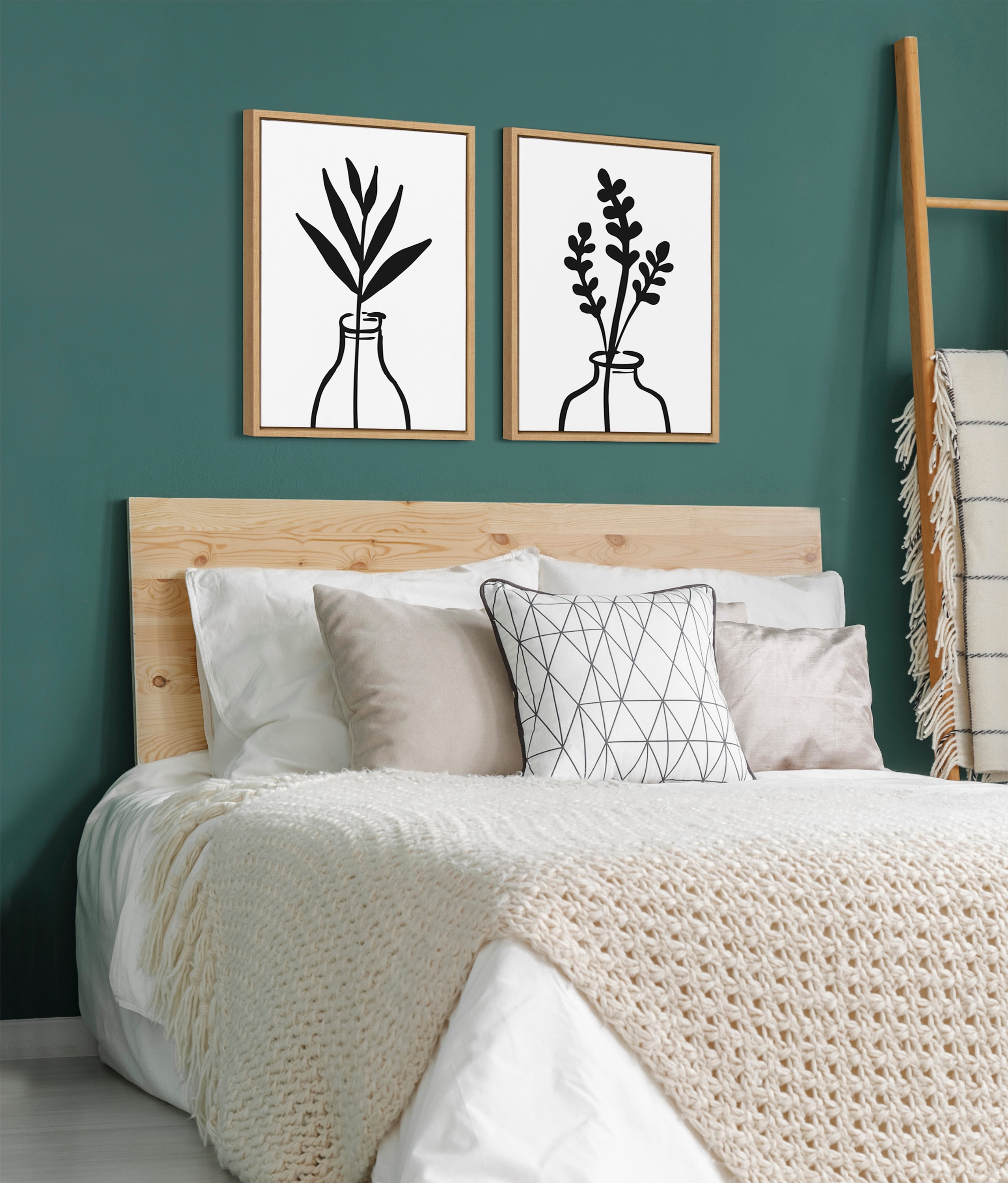 Modern Botanical Black and White Canvas Print Set with Natural Frames