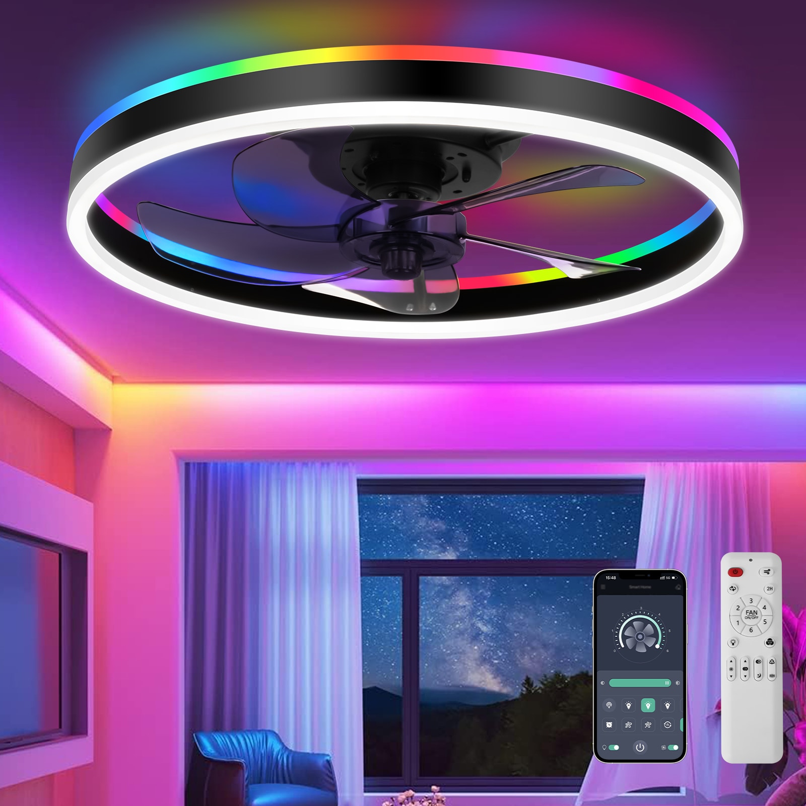 Ltemziiy 20 Inch RGB Flush Mount Ceiling Fan with Light Modern Enclosed Low Profile Ceiling Fan with Remote and App Control Reversible DC Motor for Bedroom Living Room Kids Room