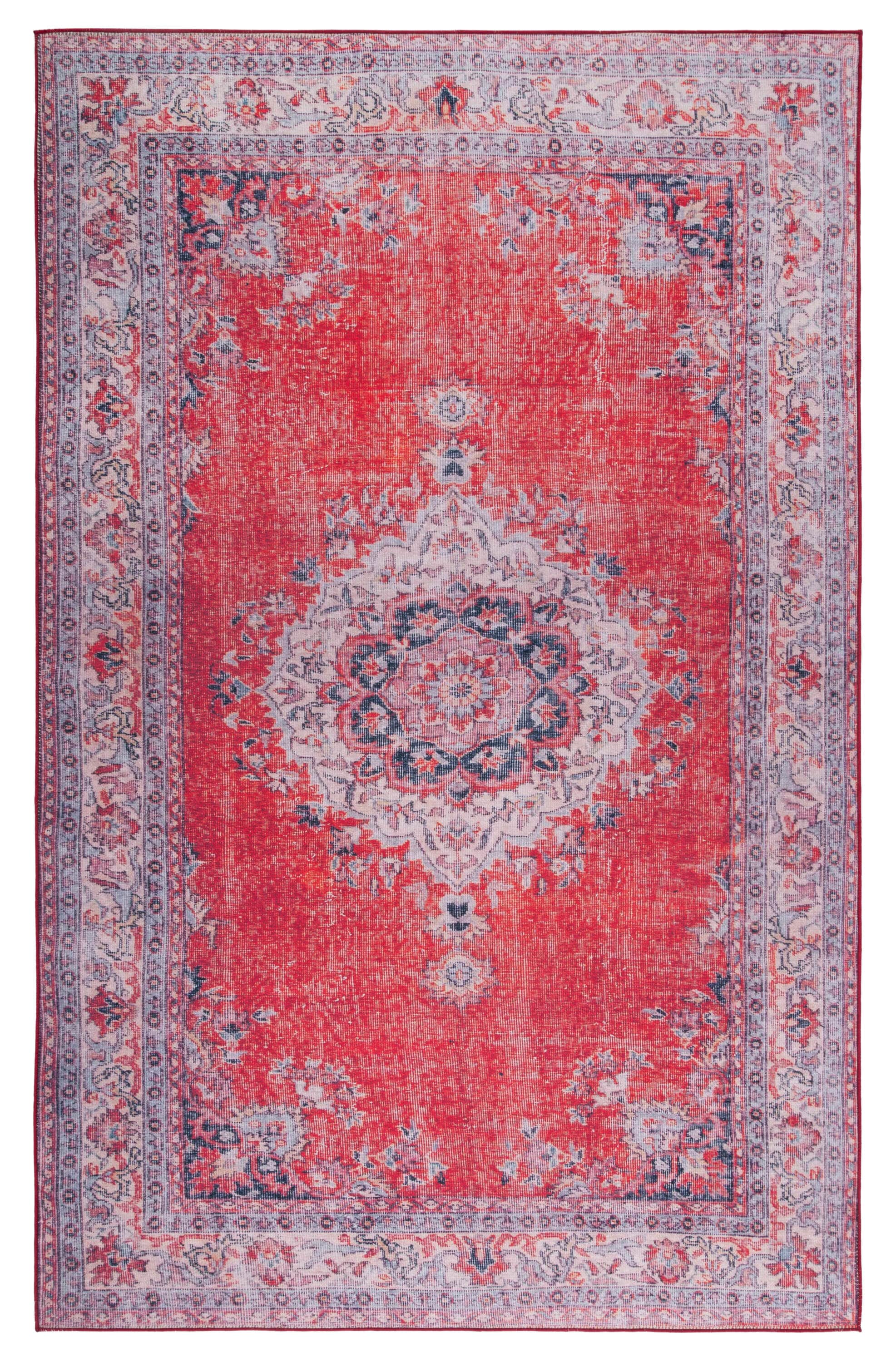 Red and Beige Traditional Washable Synthetic Area Rug, 3' x 5'
