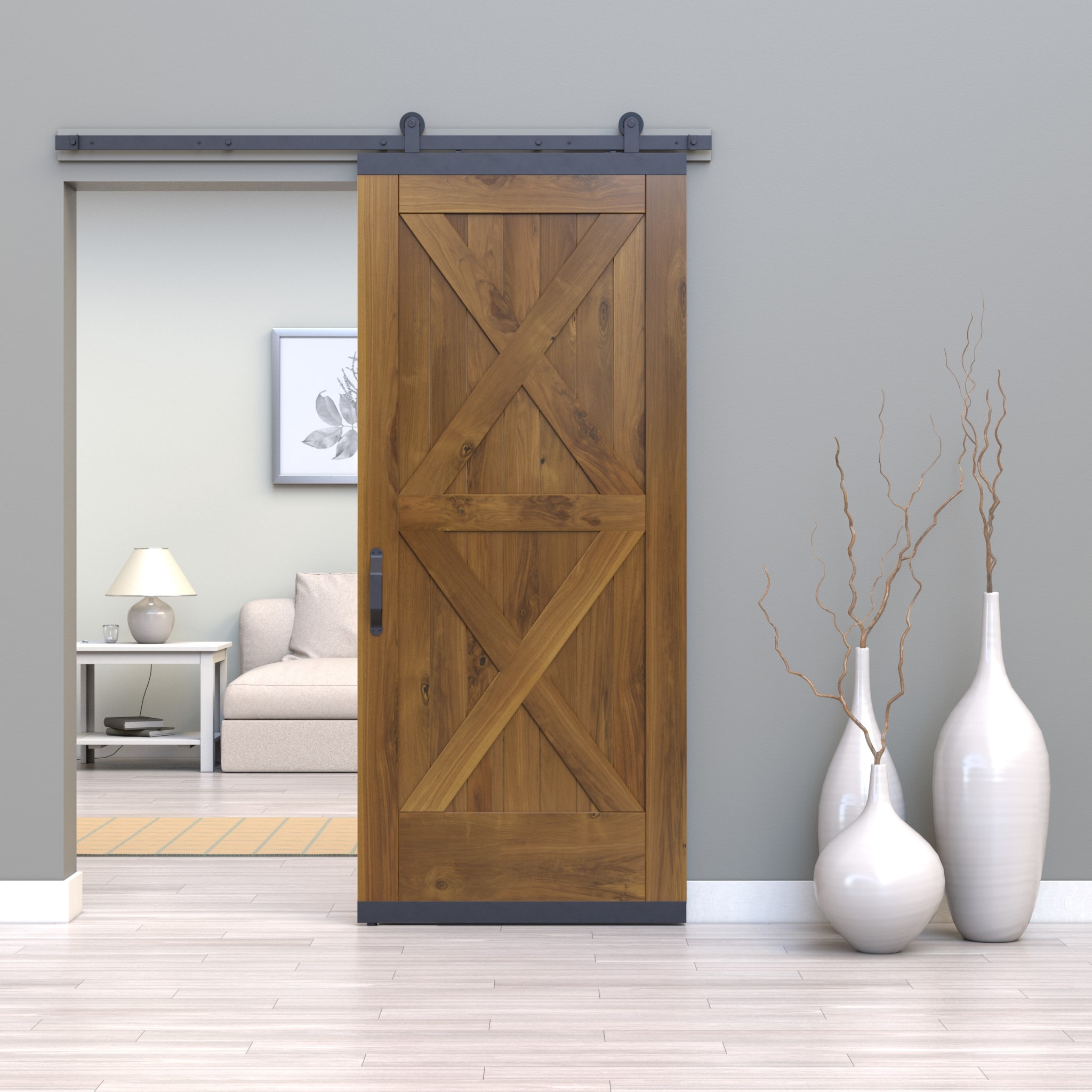 JELD-WEN LOWOLJW248600059 36-in x 96-in Khaki Crossbuck Walnut Wood Solid core Single Barn Door (Hardware Included)