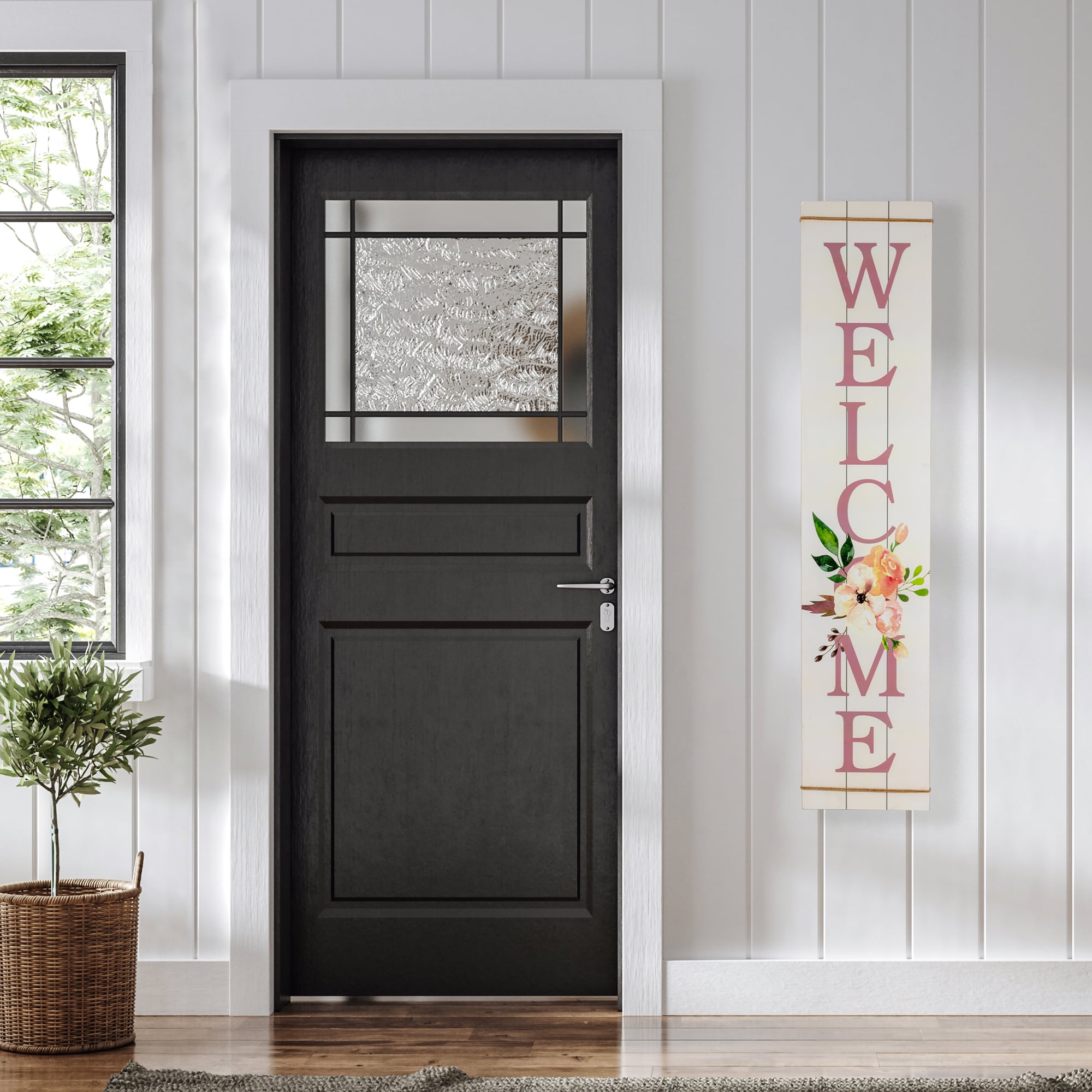 White Floral Welcome Wooden Spring Wall Sign