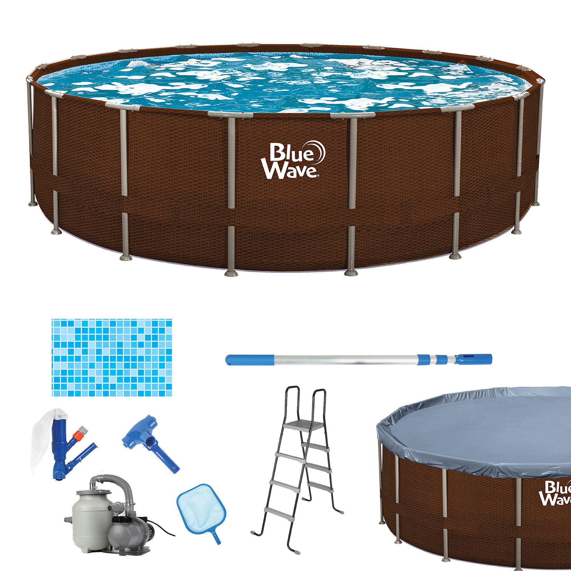 Blue Wave NB19907 Mocha Wicker 18-ft x 18-ft x 52-in Metal frame Round Above-Ground Pool with Filter Pump with Pool Cover with Ladder