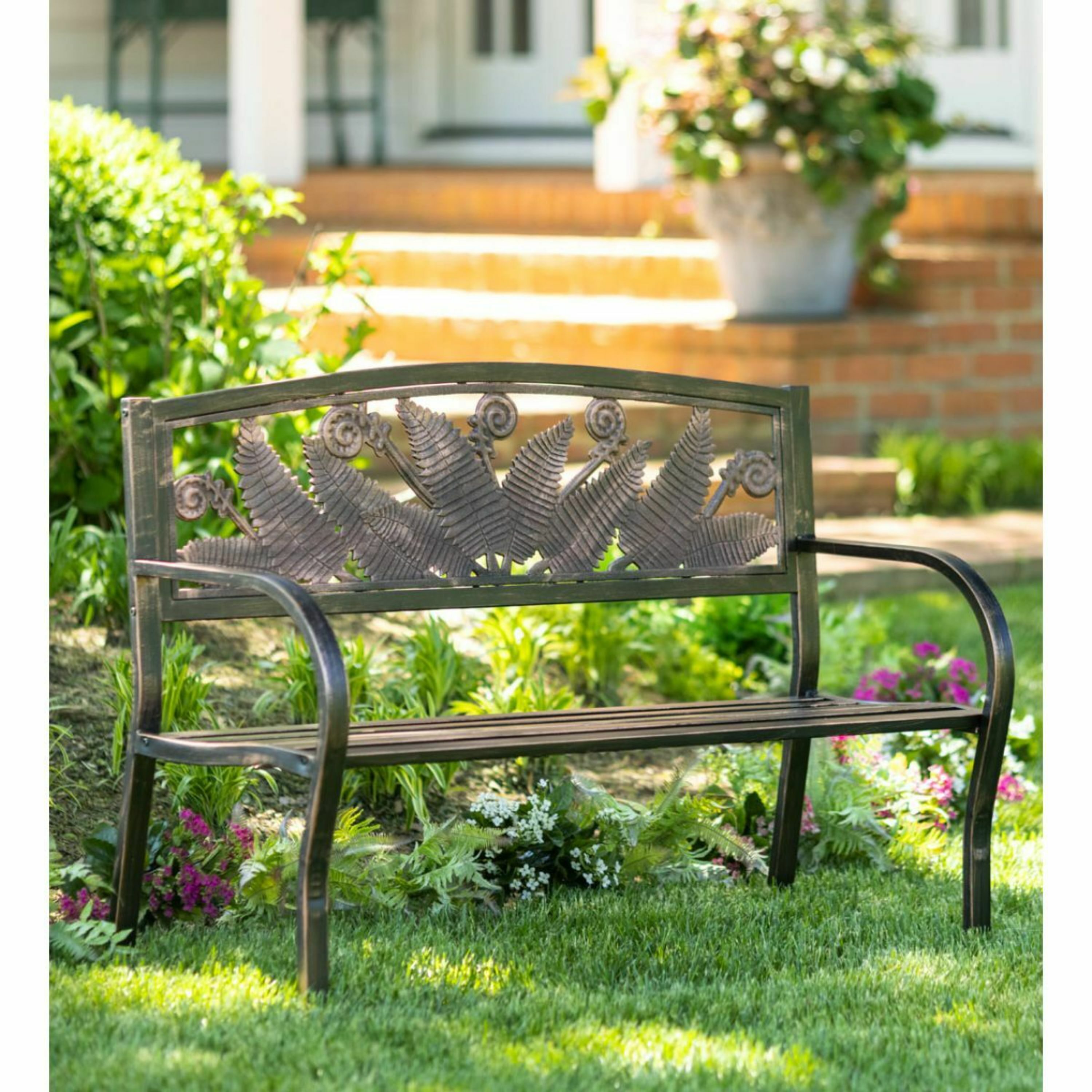 Evergreen 50-in W x 34-in H Bronze Steel Garden Bench in the Patio ...
