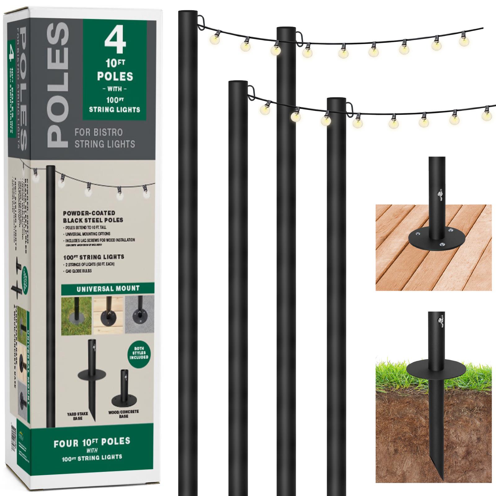 EXCELLO GLOBAL PRODUCTS Bistro 10' String Light Poles (4-pack) with 100' String  Lights Included in the Landscape Lighting Accessories department at 