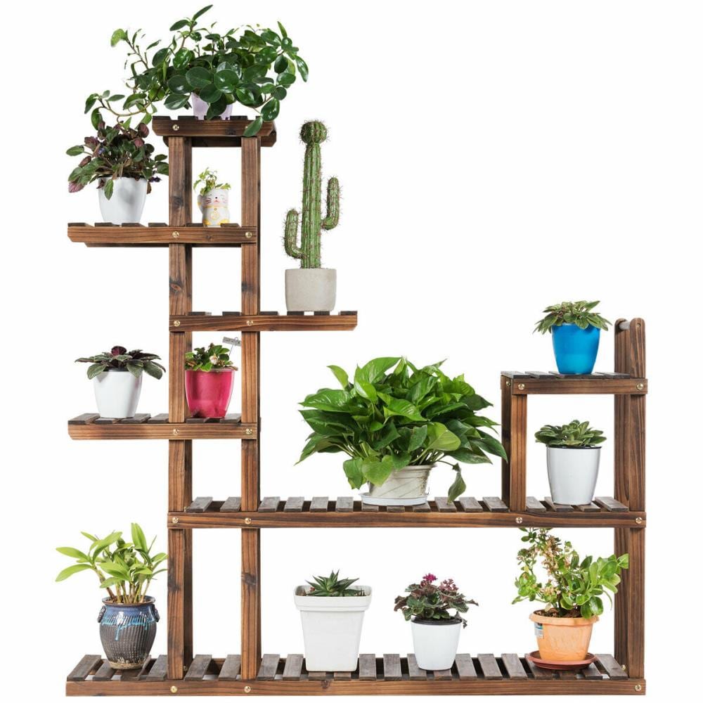 Costway 47.5-in H x 10-in W Brown Indoor/Outdoor Corner Wood Plant ...