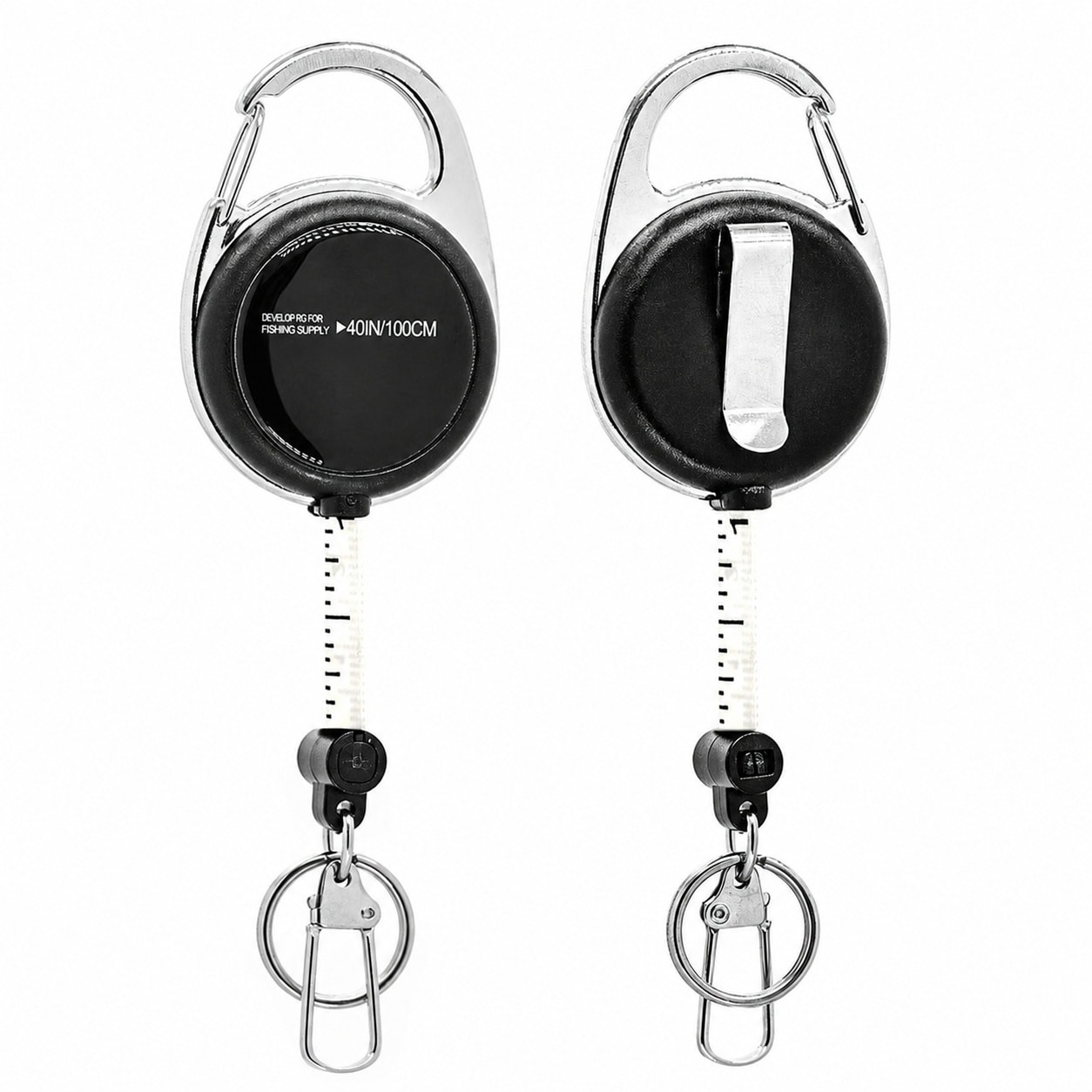 Phyfalip  Retractable Tape Measure Zinger Carabiner Clip On Waterproof Double Sided Ruler Back Tether for Fly Fishing Vest Belt Backpack 2 pcs