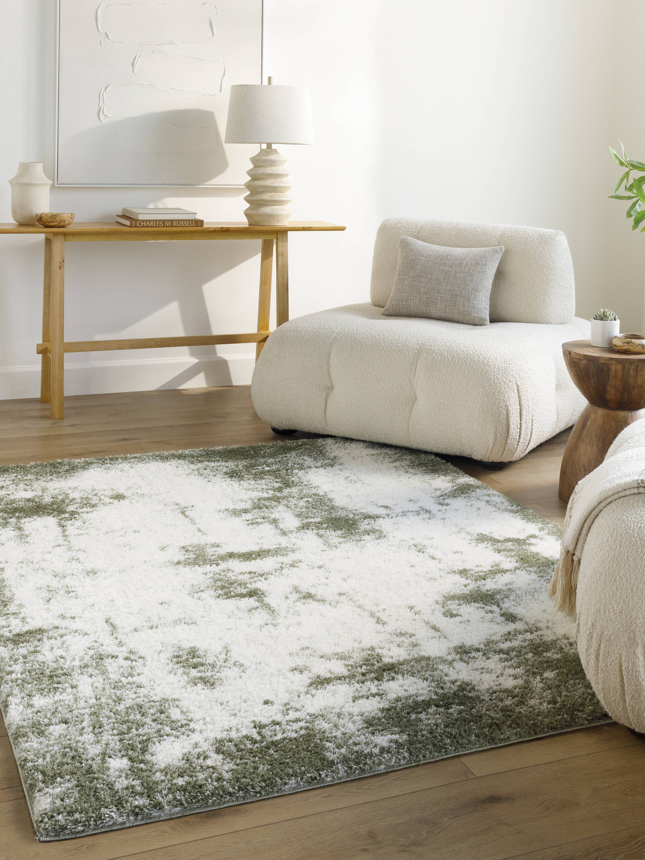 Livabliss CDG2329-537 Cloudy Shag 5 x 7 (ft) Polyester Off-White, Grass Green Rectangular Indoor Stripe Mid-Century Modern Area rug