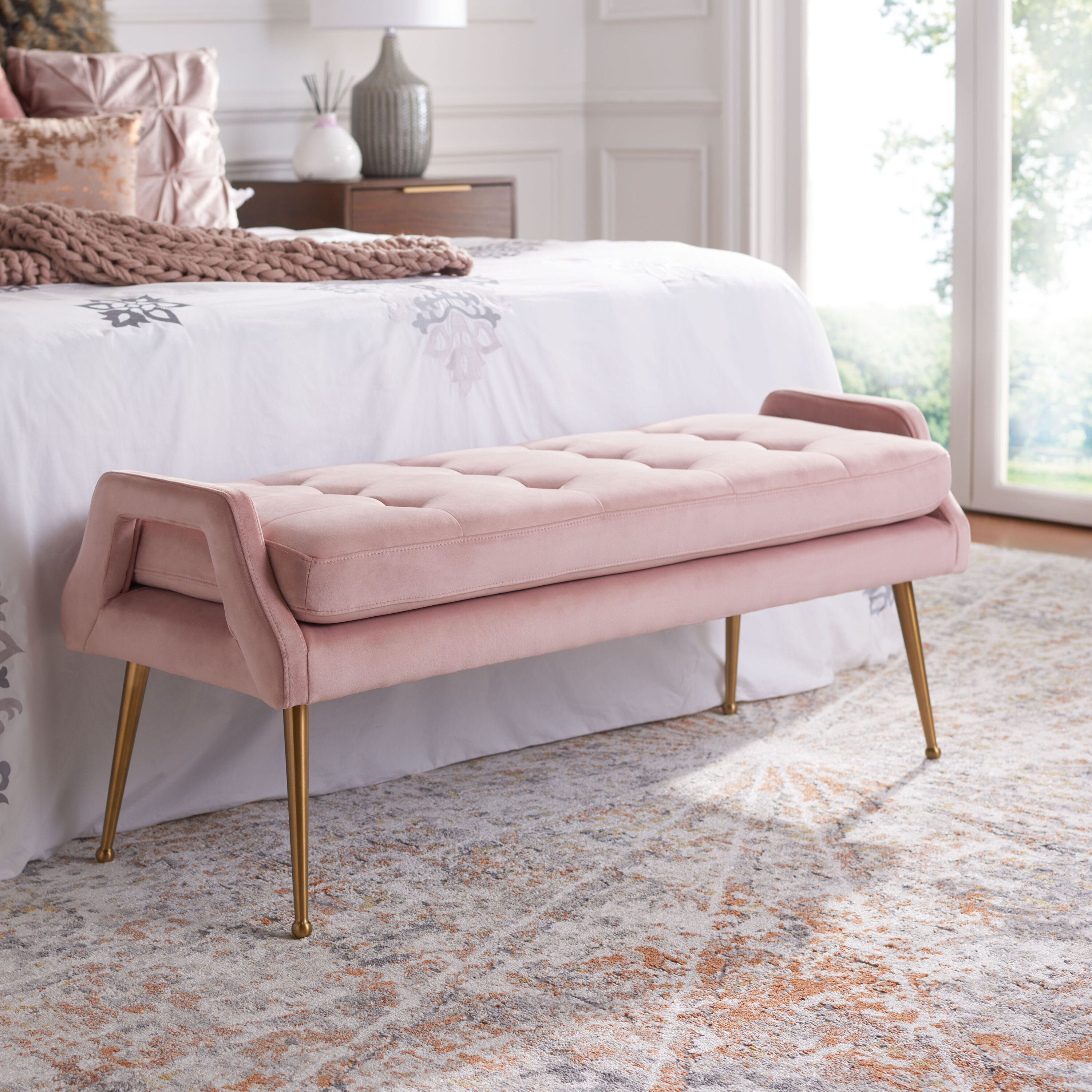 Safavieh BCH5200D Modern Pink/Gold Accent Bench 47.64-in x 18.11-in x 20.28-in