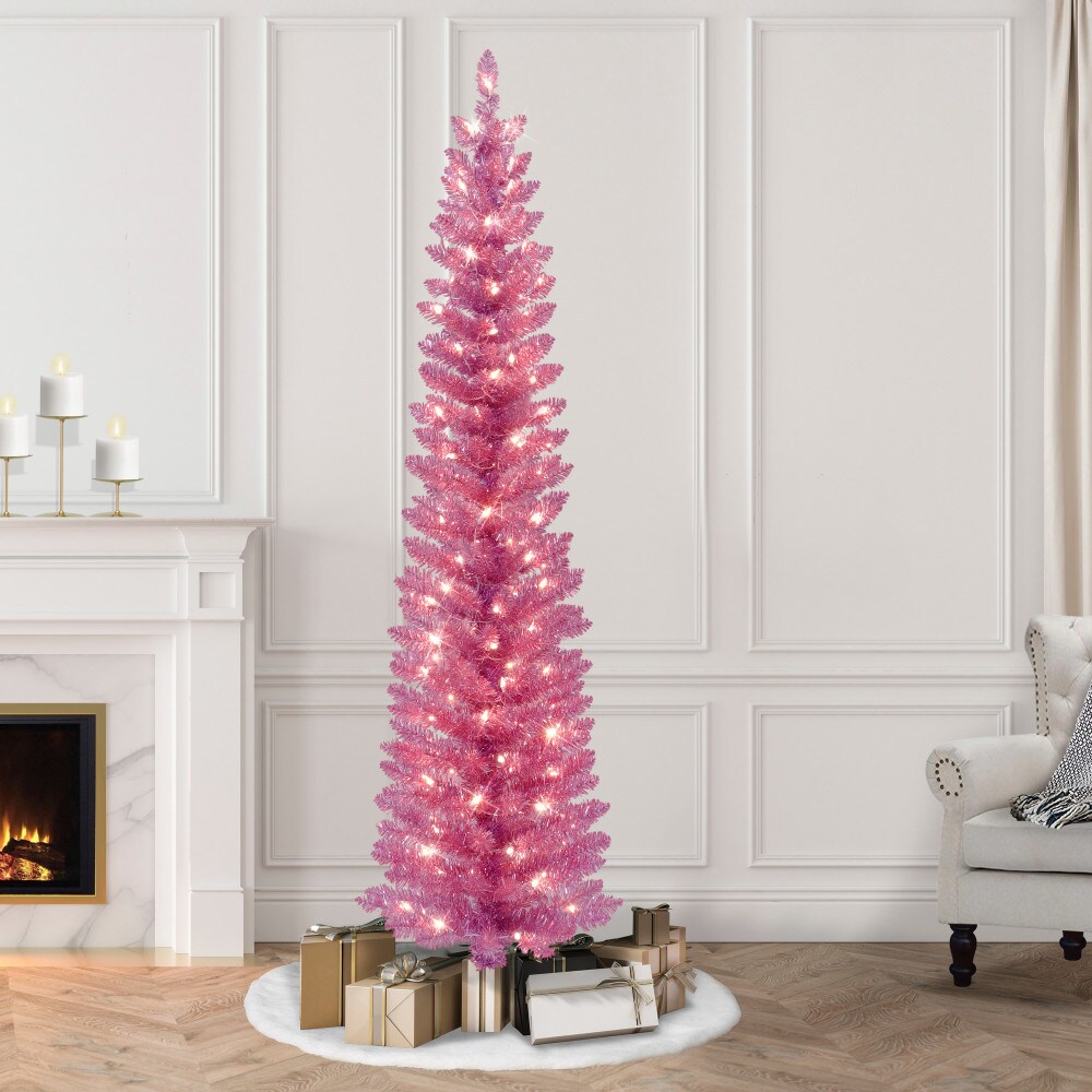 Puleo International 7-ft Pine Pre-lit Pink Artificial Christmas Tree ...