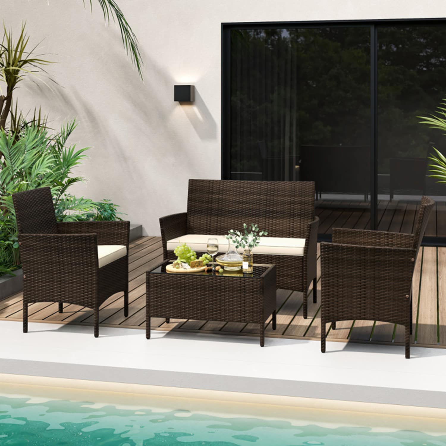 Mondawe 214-HY 3 -Piece Rattan Patio Conversation Set with White Cushions
