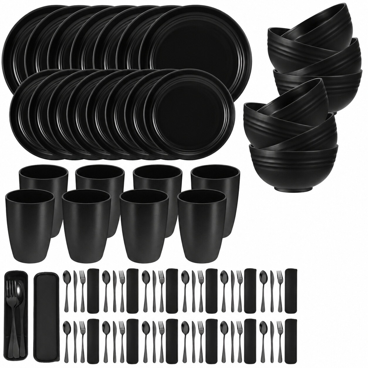 Aoibox  64 Piece Wheat Straw Dinnerware Set with Stainless Steel Flatware Service for 8 Black Set