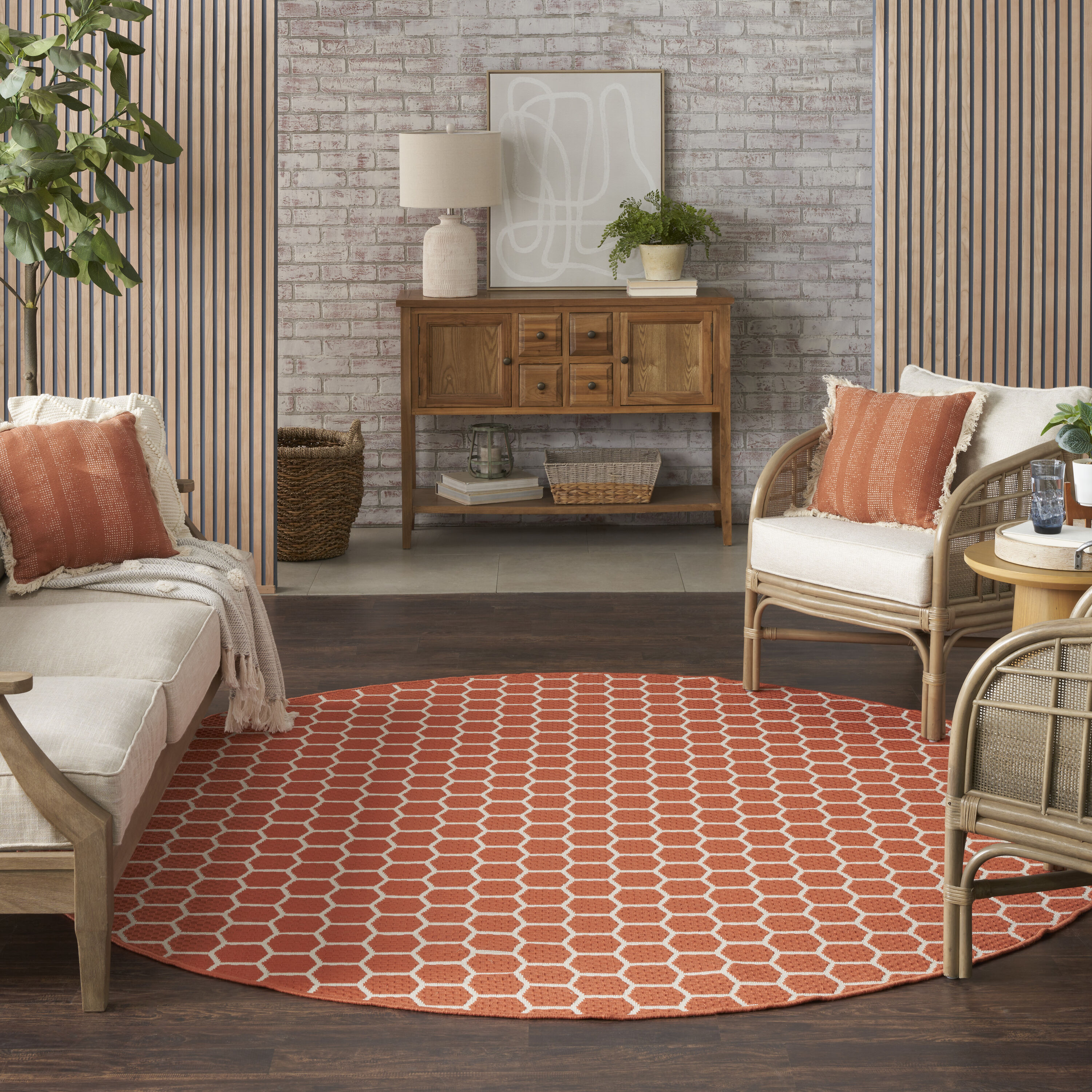 Nourison Home 099446974174 Reversible Indoor Outdoor 8 x 8 (ft) Polyester/Polypropylene Coral Round Indoor/Outdoor Geometric Area rug