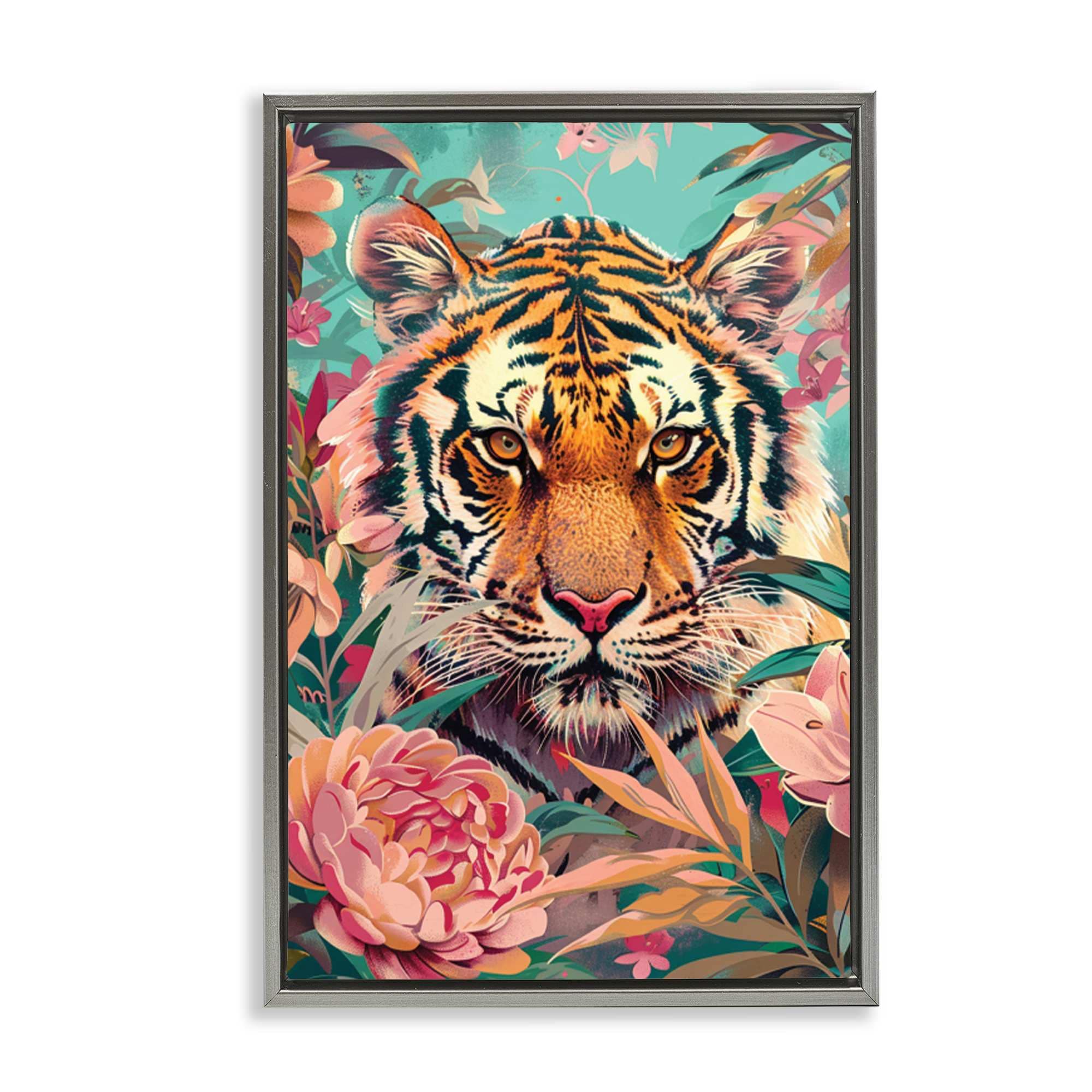 Stupell Industries BT-893-FFL-16X24 Fierce Tiger In Waiting Gray Framed Floater Canvas Wall Art By LSR Design Studio 17 x 25