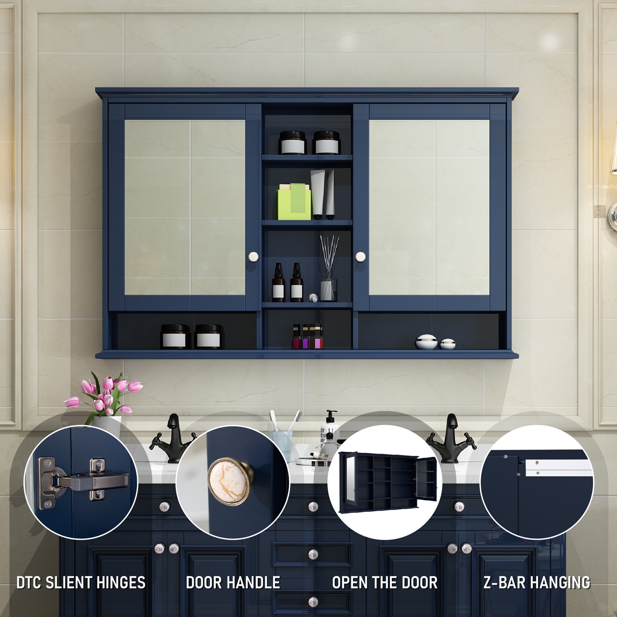 Forclover 55-in x 35-in Surface Mount Navy Mirrored Soft Close Medicine Cabinet