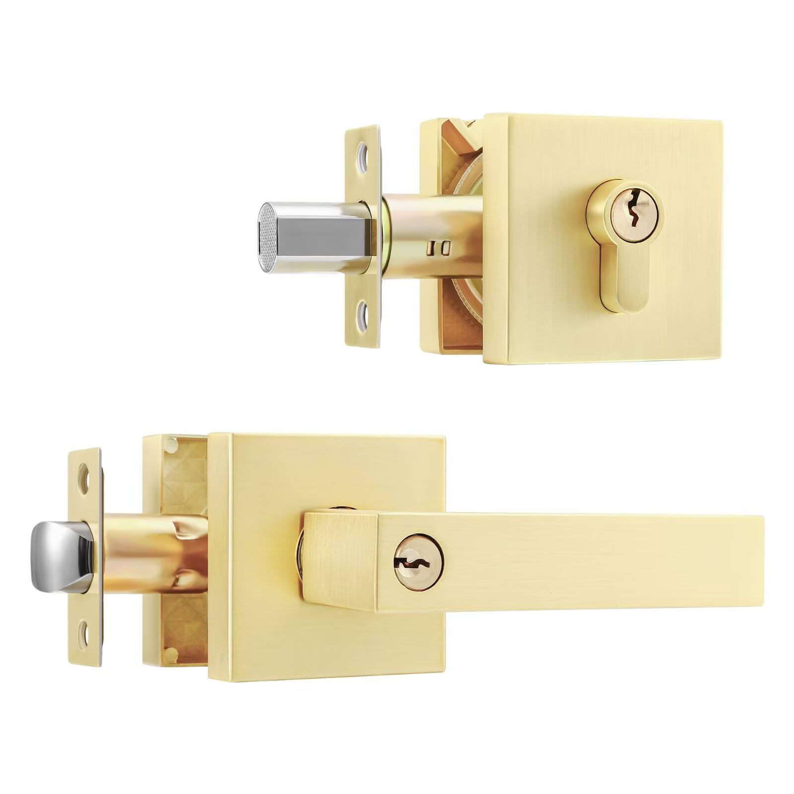 LILILIAN FMY Gold Entry Door Locksets with Single Cylinder Deadbolt Heavy Duty Entrance Lever Door Handle Single Keyed Square Deadbolt Lock #LRO0820E943