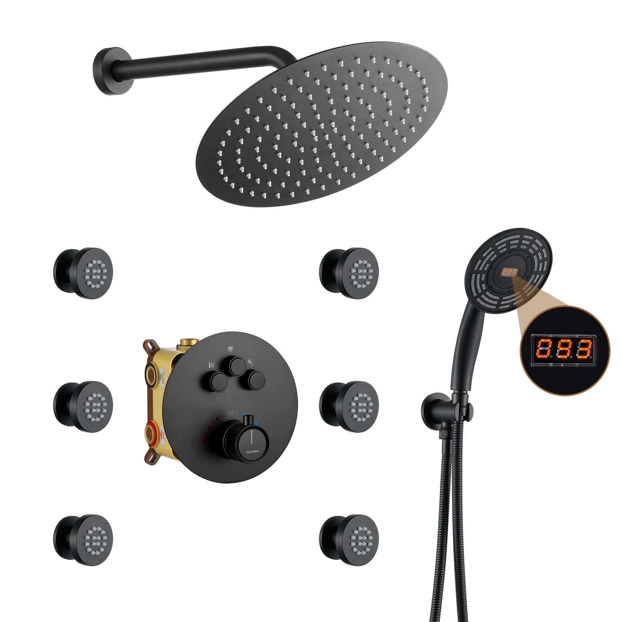 CASAINC CS6216-12MB Luxury LED Digital Display Thermostatic Shower Faucet System Matte Black 12-in Built-In Shower Faucet System with 3-way Diverter ( Thermostatic Valve Included )