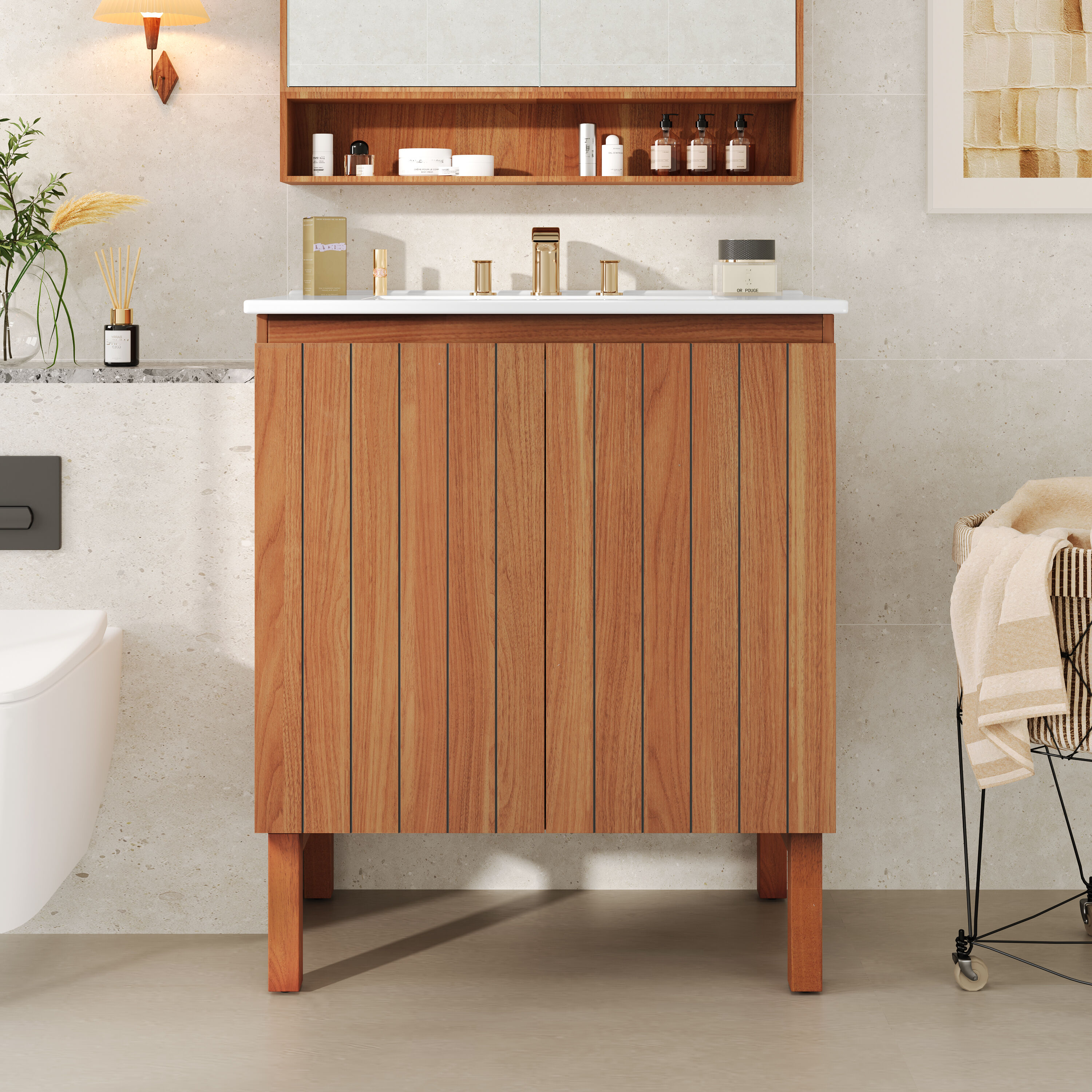 WELLFOR EX2BMFL-40-24 NE Modern Bathroom Vanity with Ceramic Sink 30-in Antique Natural Single Sink Bathroom Vanity with White Ceramic Top