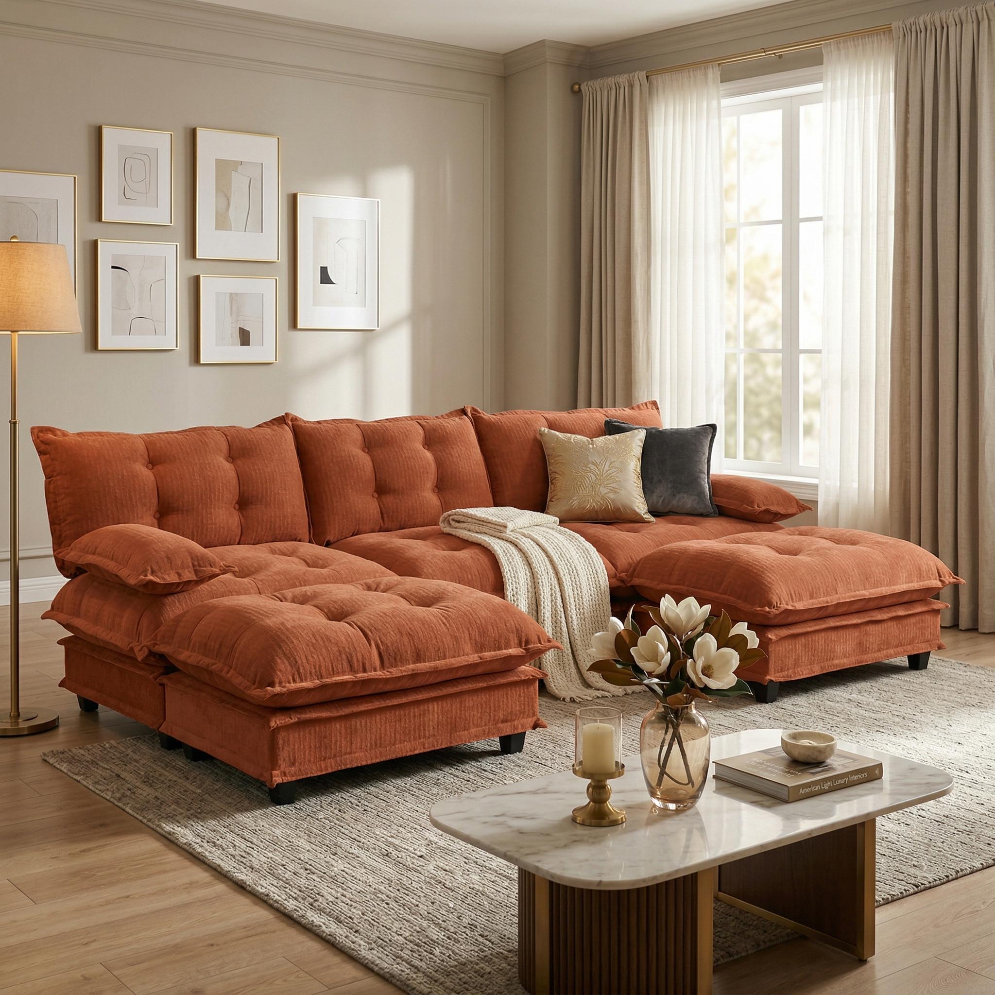 Homy Casa CHILL 107-in W Modular U-Shape Sofa with 2 Ottomans 3-Seater Chenille Fabric Comfortable Quilted Cushions Orange