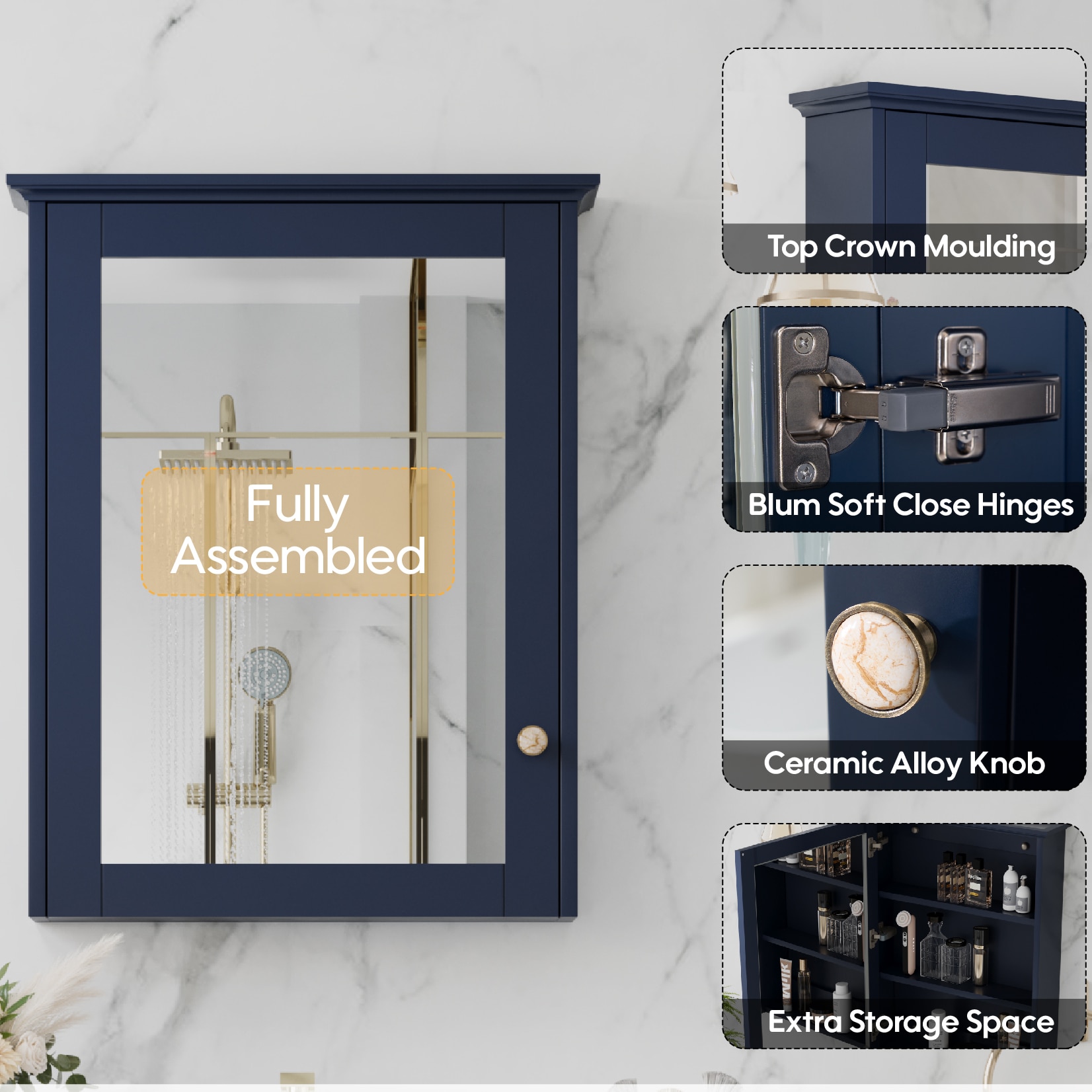LIVIZA UCJ-WMC24YS1NB NAT2 Solid Wood Cabinet 24-in x 30-in Surface Mount Navy Blue Mirrored Rectangle Soft Close Medicine Cabinet