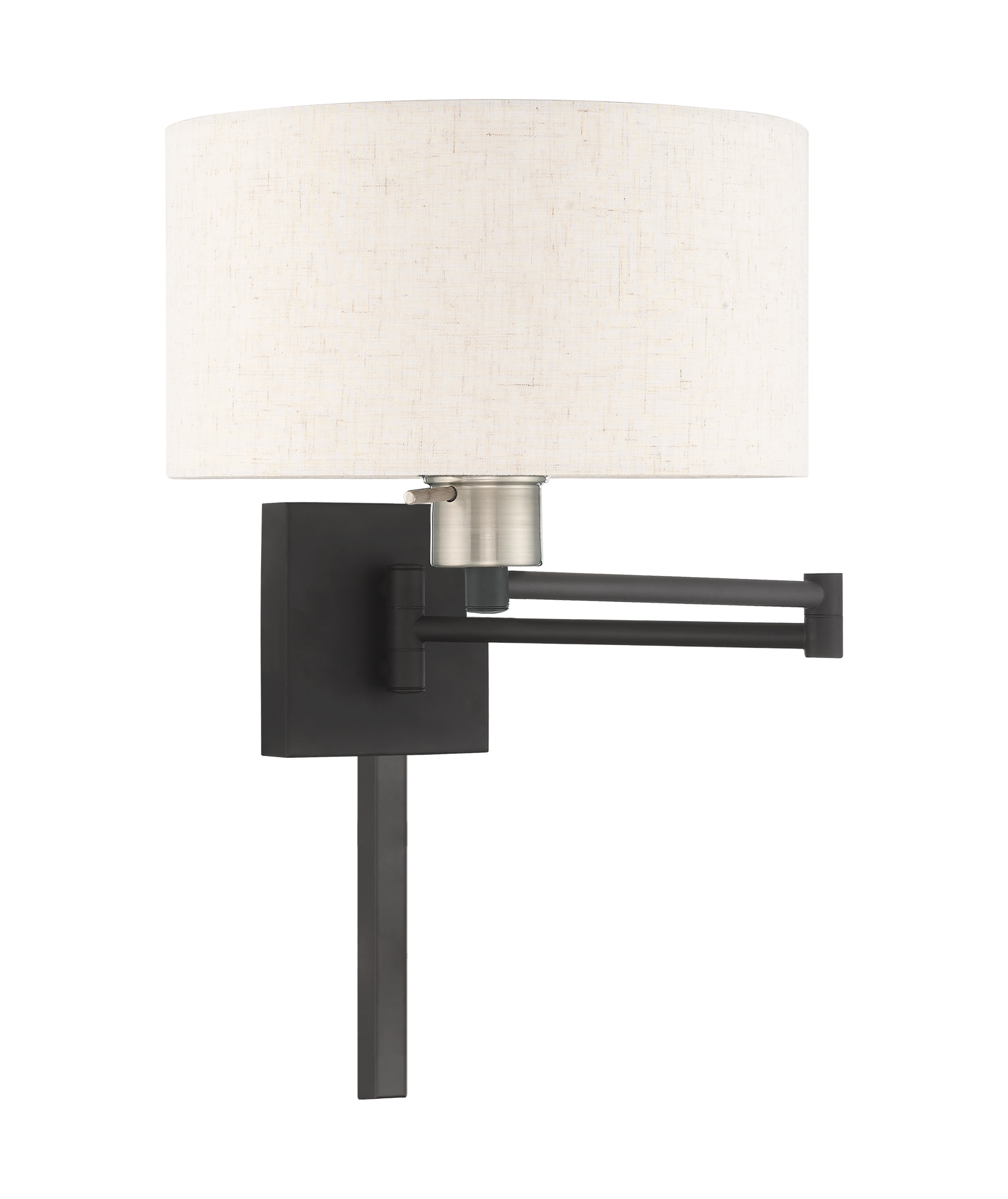 Black Steel Swing Arm Wall Lamp with Oatmeal Fabric Shade