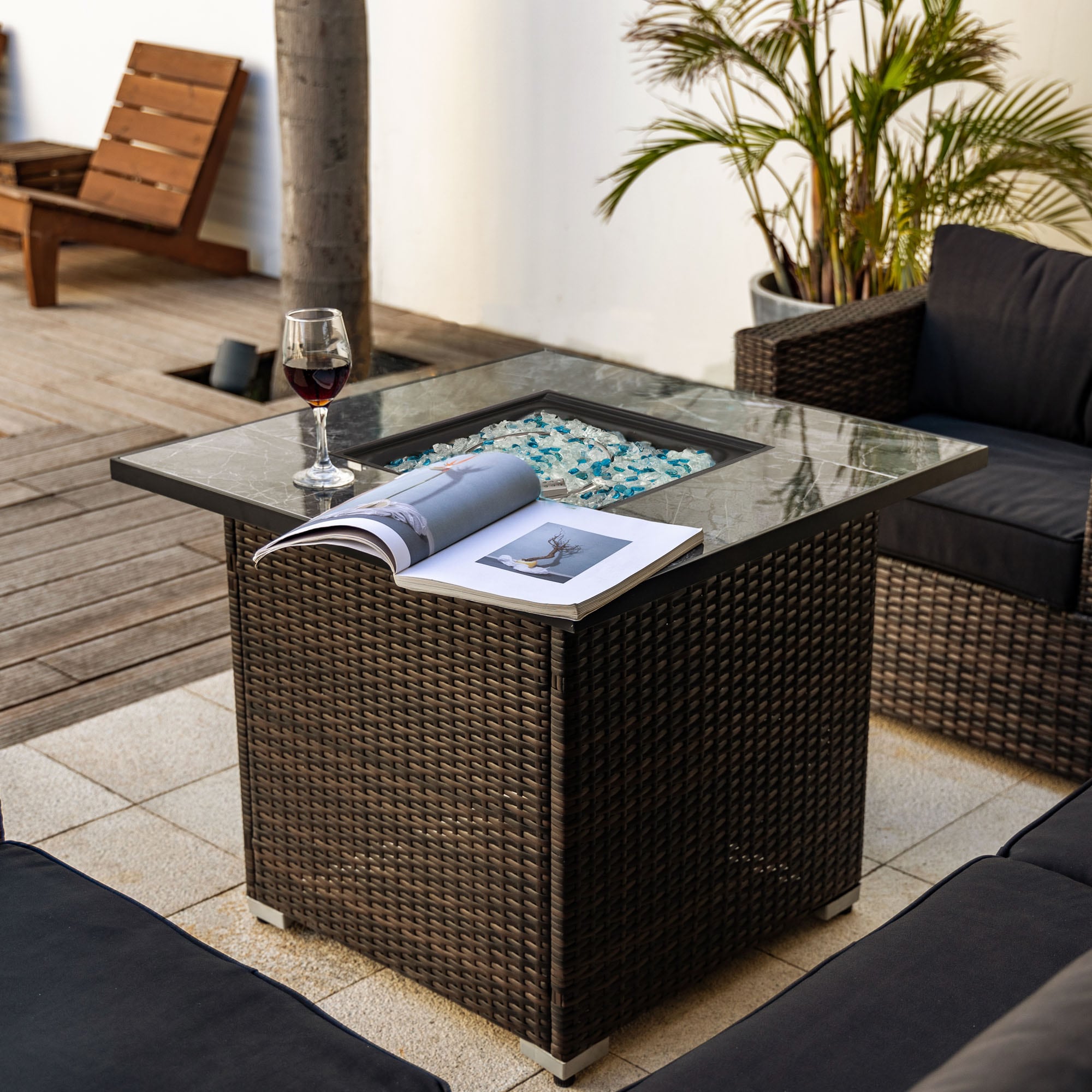 LOVMOR SF-WO-W85343034 30 inch Propane Gas Fire Pit Table 50000 BTU Square Fire Pit Tile Tabletop Wicker Base for Outside Patio Deck Garden Courtyard Brown