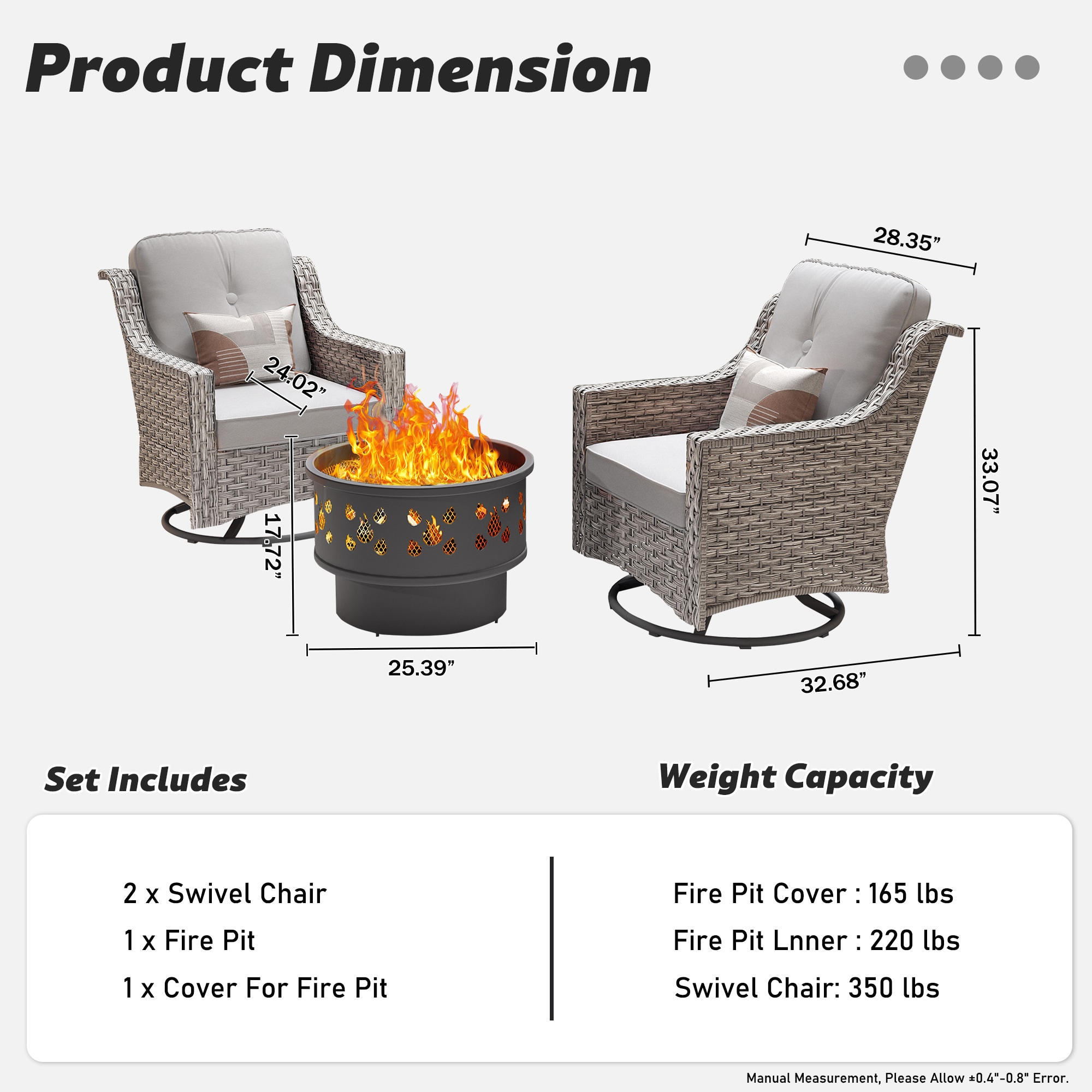 Pouuin 3-Piece Rattan Patio Conversation Set with Gray Cushions in the ...