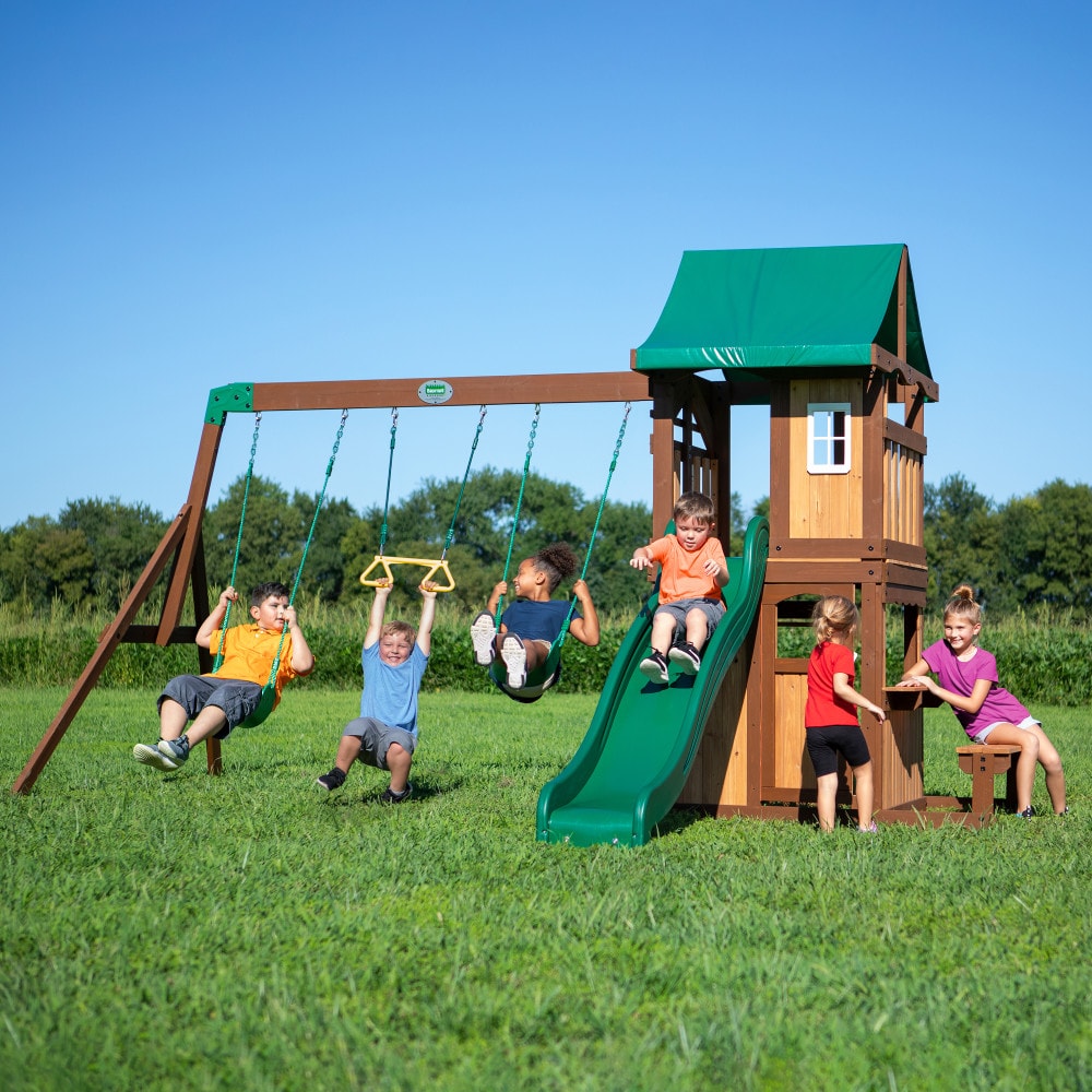 Backyard Discovery 2001022COM Lakewood Wooden Playset Residential Wood Playset with 2 Swings and Slide Included