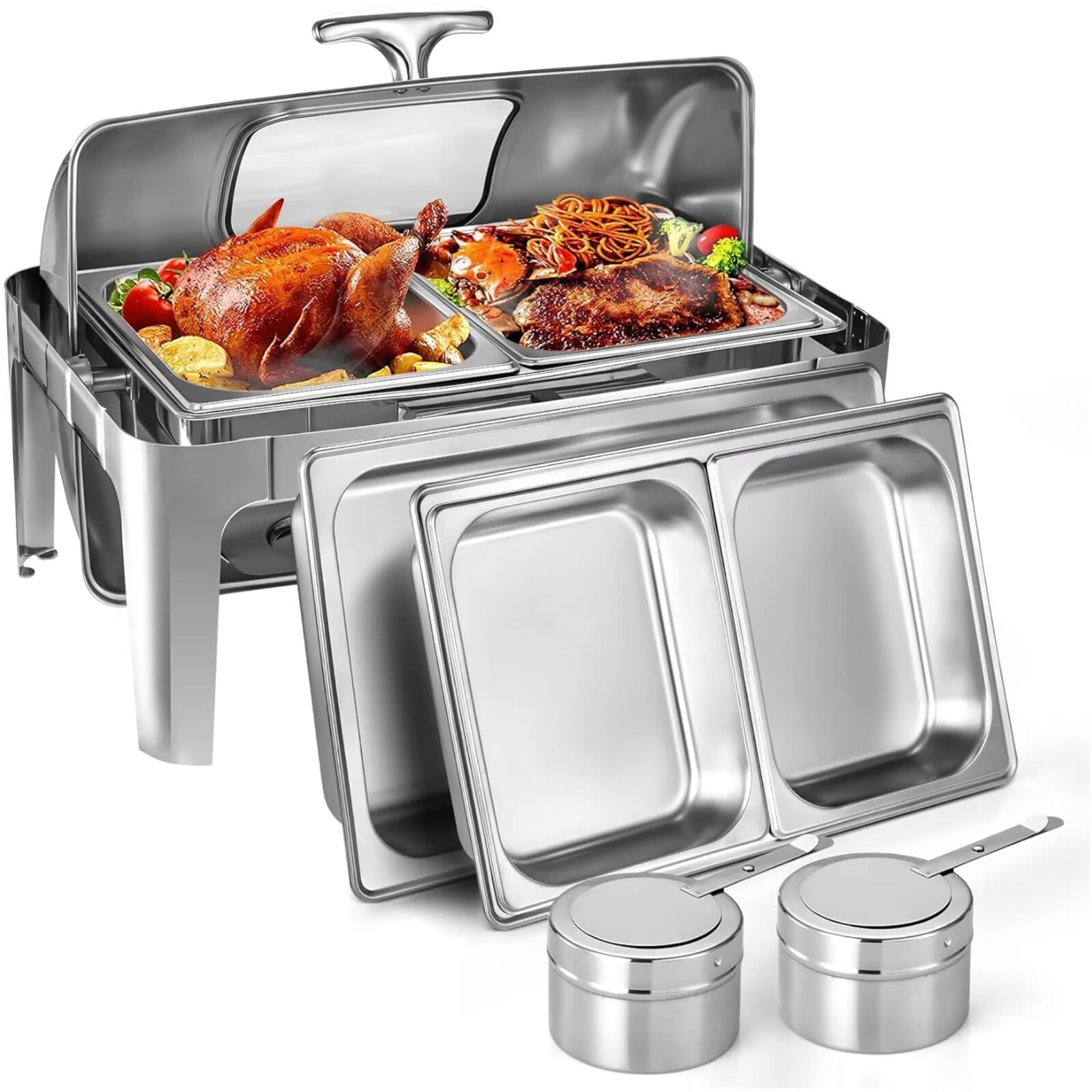 WhizMax Chafing Dish Buffet Set 9 QT Stainless Steel Roll Top Chafing Server Set Food Warmers for Parties