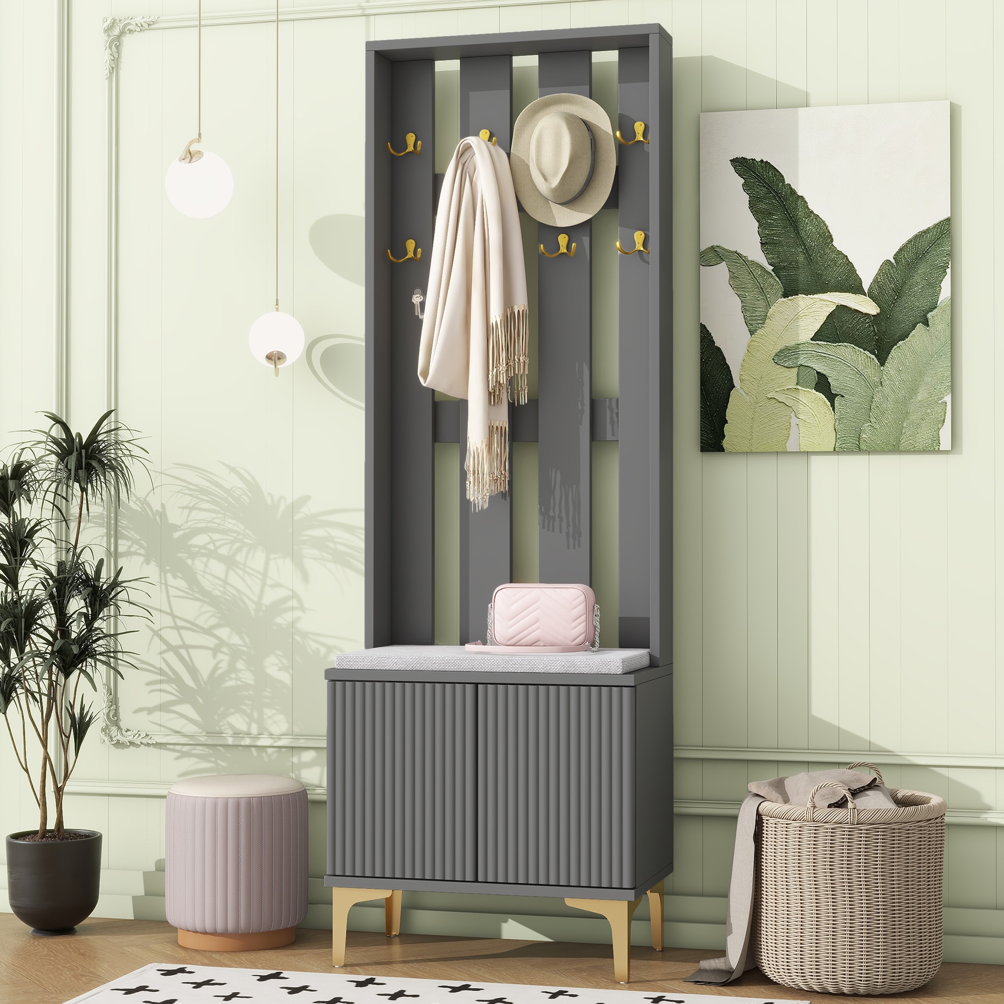 ModernLuxe N721P192814E Modern Luxury 4in1 Hall Tree with CushionVersatile Coat Rack with 8 Gold Hooks and LegsEntryway Bench with Adjustable Shelves and Fluted Doors for HallwayLiving RoomGrey
