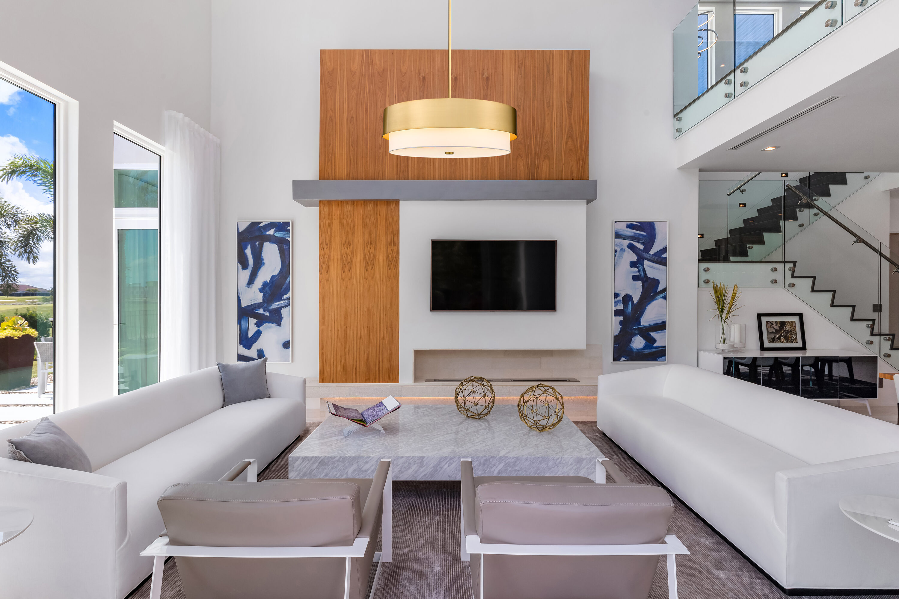 Modern Gold 32" Drum Chandelier with White Fabric Shade