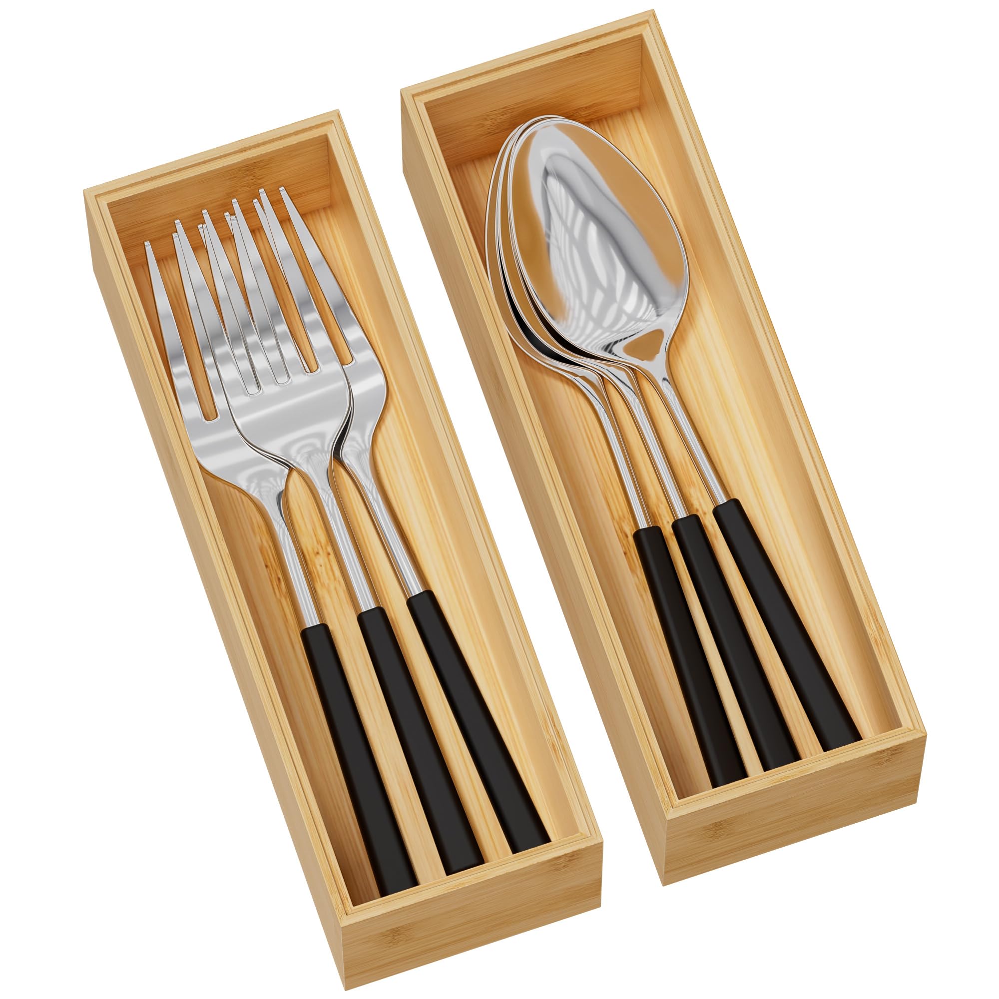 Phewnyzo  Bamboo Kitchen Drawer Organizer Set Deep Stackable Storage Tray for Silverware Utensils Cutlery Flatware Bathroom or Desk 2 pcs