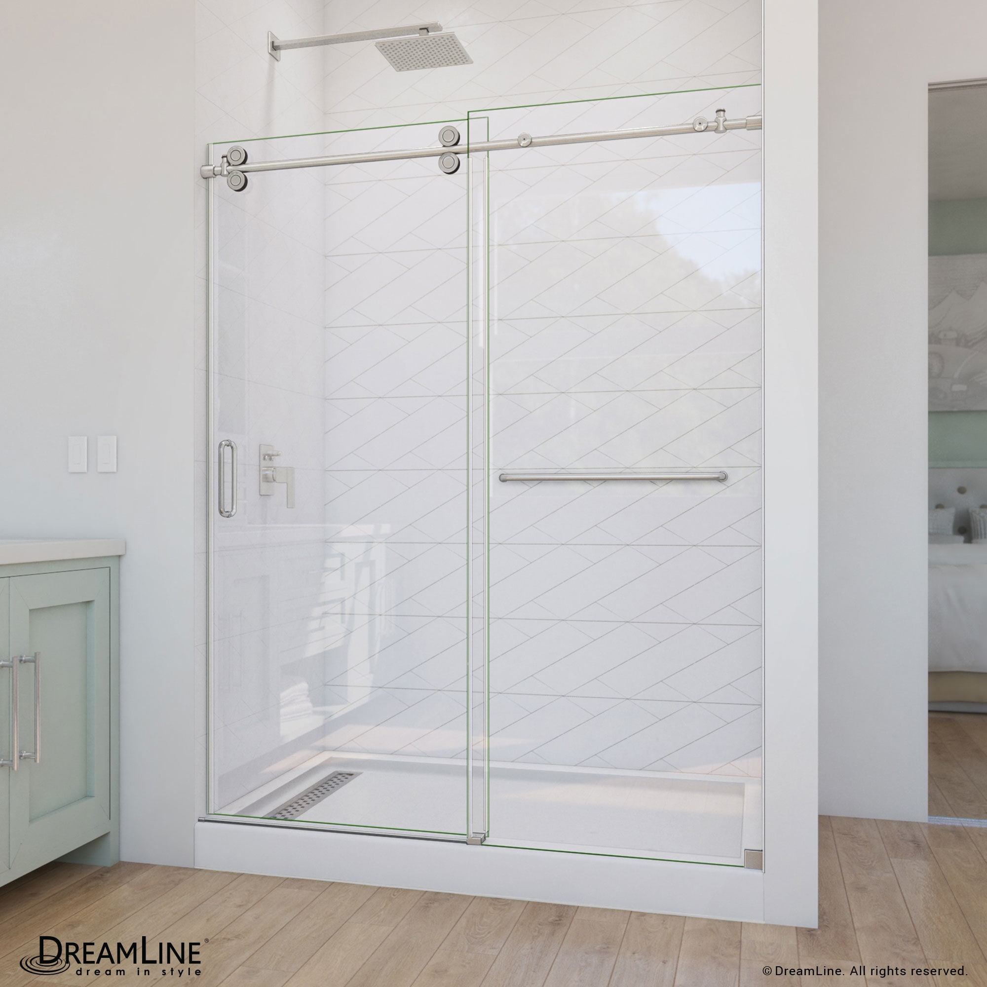DreamLine SD6160W760VTX07 Enigma-CXO Brushed Stainless Steel 56-in to 60-in W x 76-in H Frameless Sliding Shower door 3/8-in Thick Clear Glass