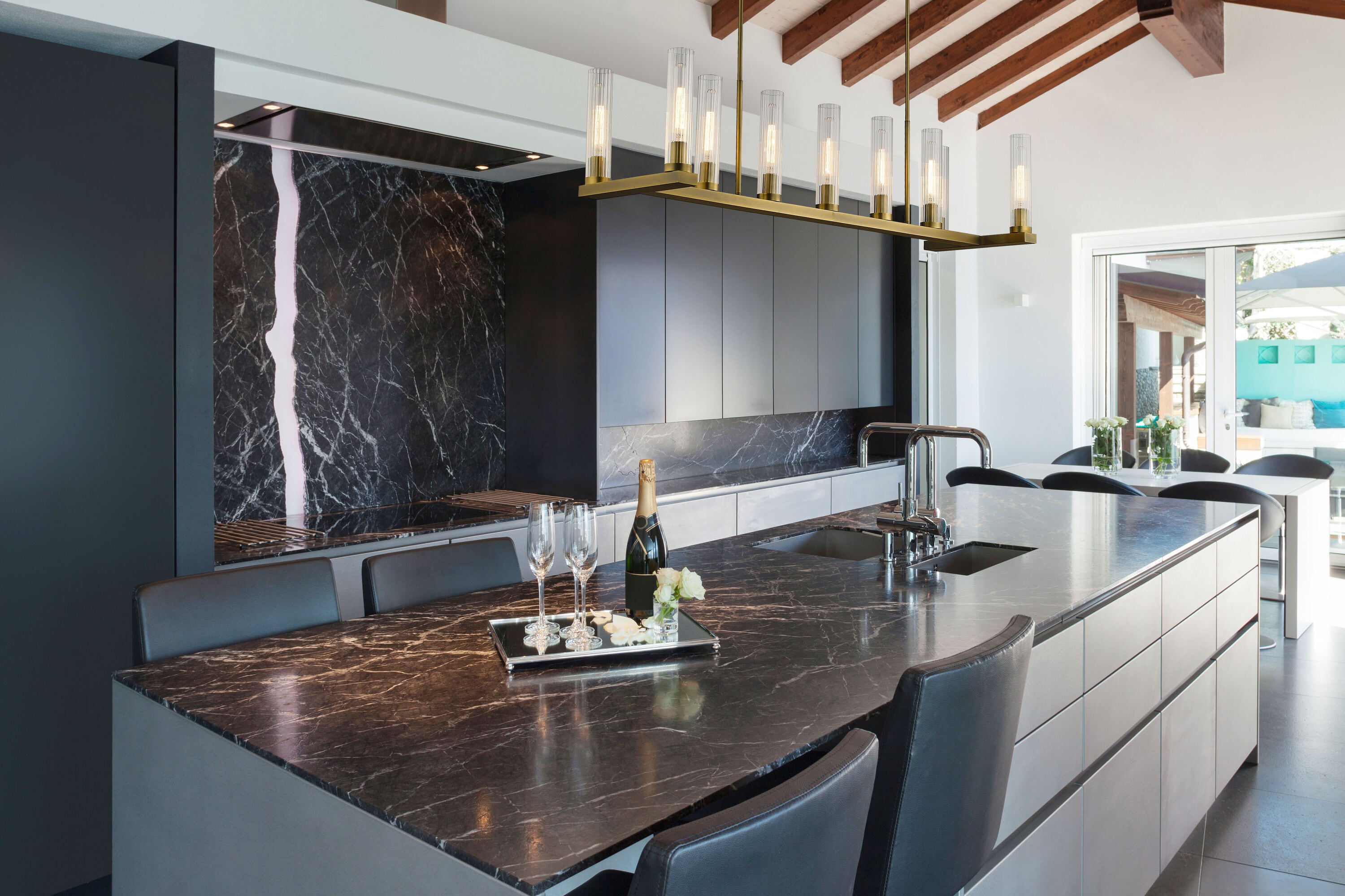 Rubbed Brass 9-Light Island Pendant with Fluted Glass Shades