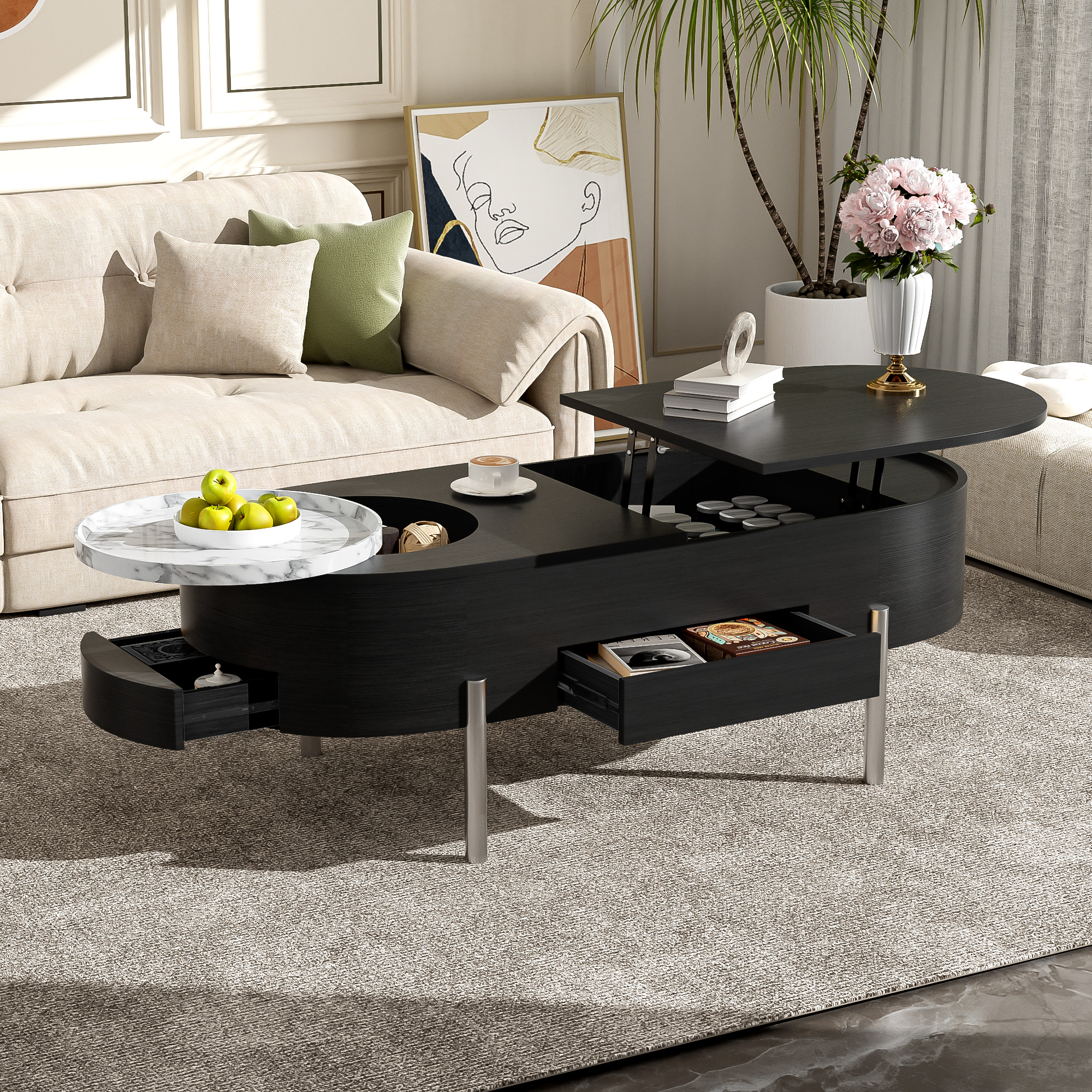 ModernLuxe L3P-N724P228920B 47.2inchLift Top Coffee Table with 360degree Marblepatterned rotating trayHidden Compartment Partially Assembled Wooden Center Table Modern Oval Lift Tabletop for Home Living Room