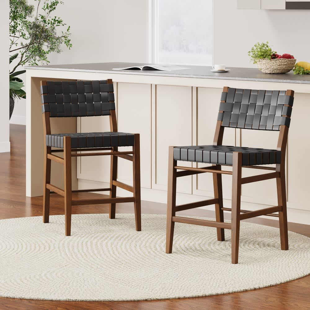 Coolbibila MILAN-STOOLS-BLACK Set of 2 Black Faux Leather Woven Back Counter Stools with Brown Rubberwood Frame for Kitchen Island
