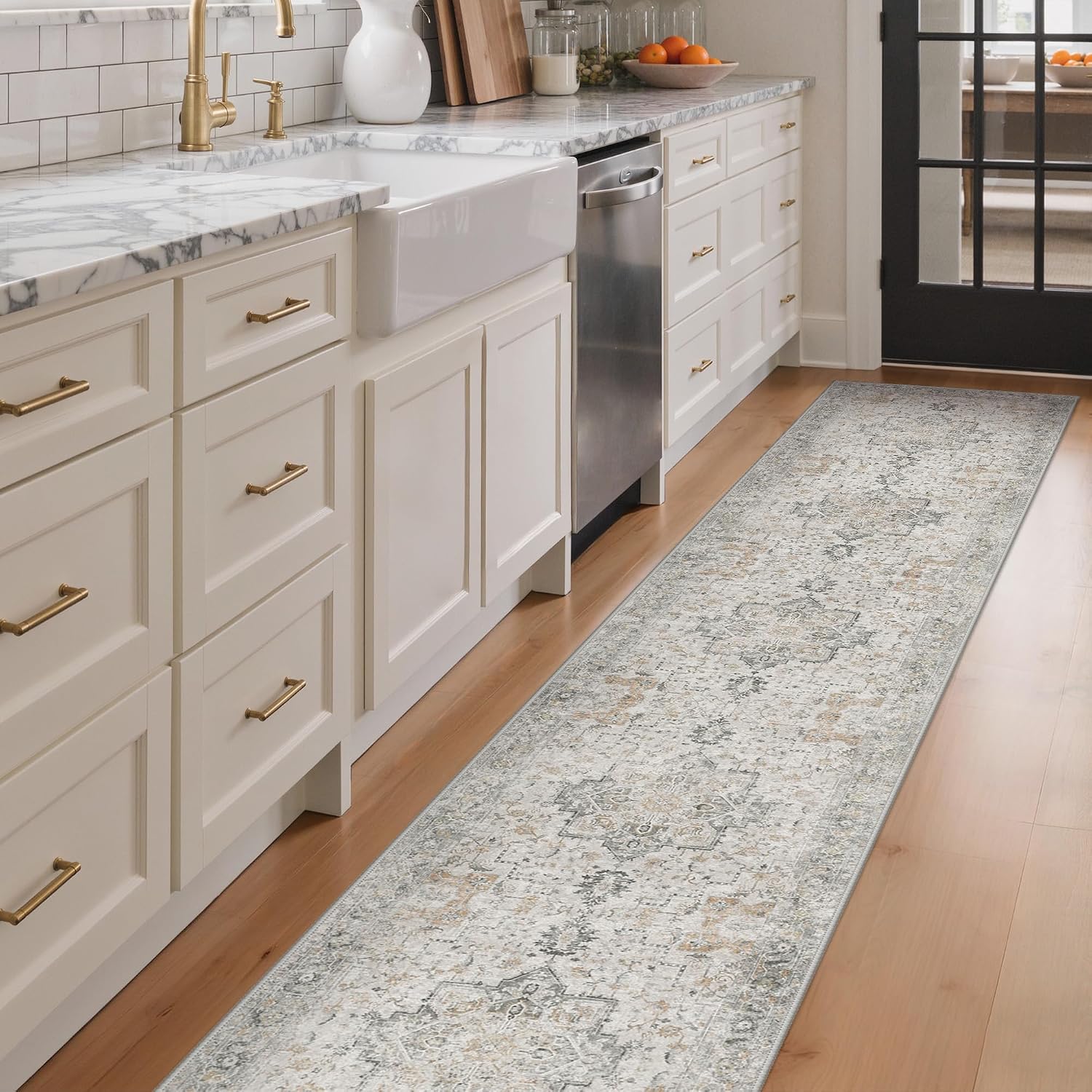GENIMO  No Wash 2X10 Runner Rug for Hallway Patio Waterproof Stain Resistant Oil Proof Chenille Carpet Non Slip Vintage Boho Rug for Entryway Corridor Bedroom Home Office Deco Light Taupe Brown