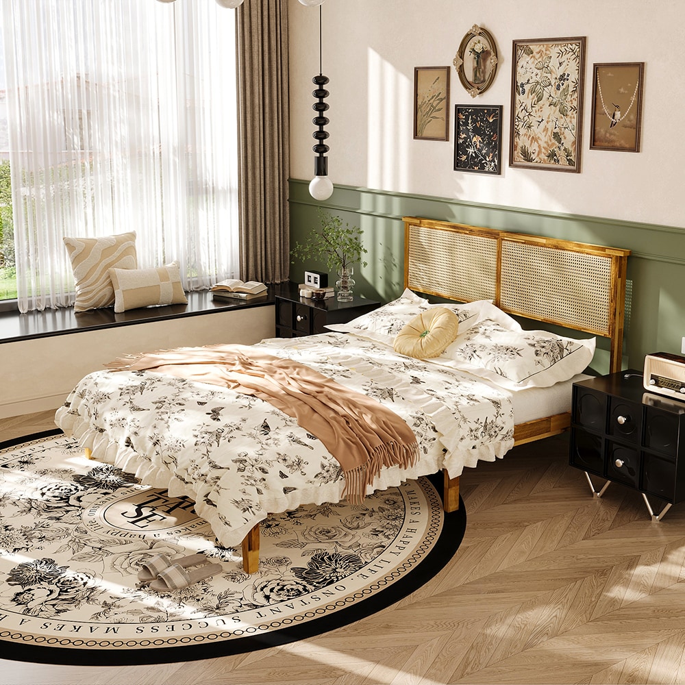 Homsee C-KF330153-01 Brown Solid Wood Queen Bed Frame with Natural Finish Reinforced Slats and Stable Modern Tapered Leg Design