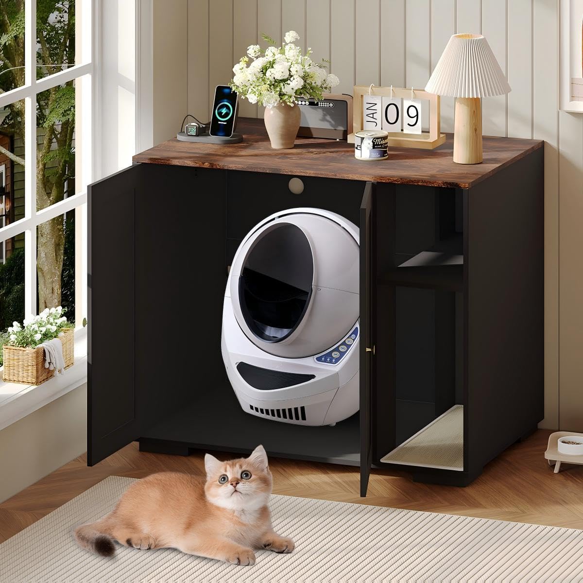 GAOMON Large LitterRobot Enclosure Cabinet - XL Cat LitterRobot Furniture with Dog Proof Shelf - Power Outlet 5 Ft Cord - Fit for Most Self-Cleaning Litterboxes Black