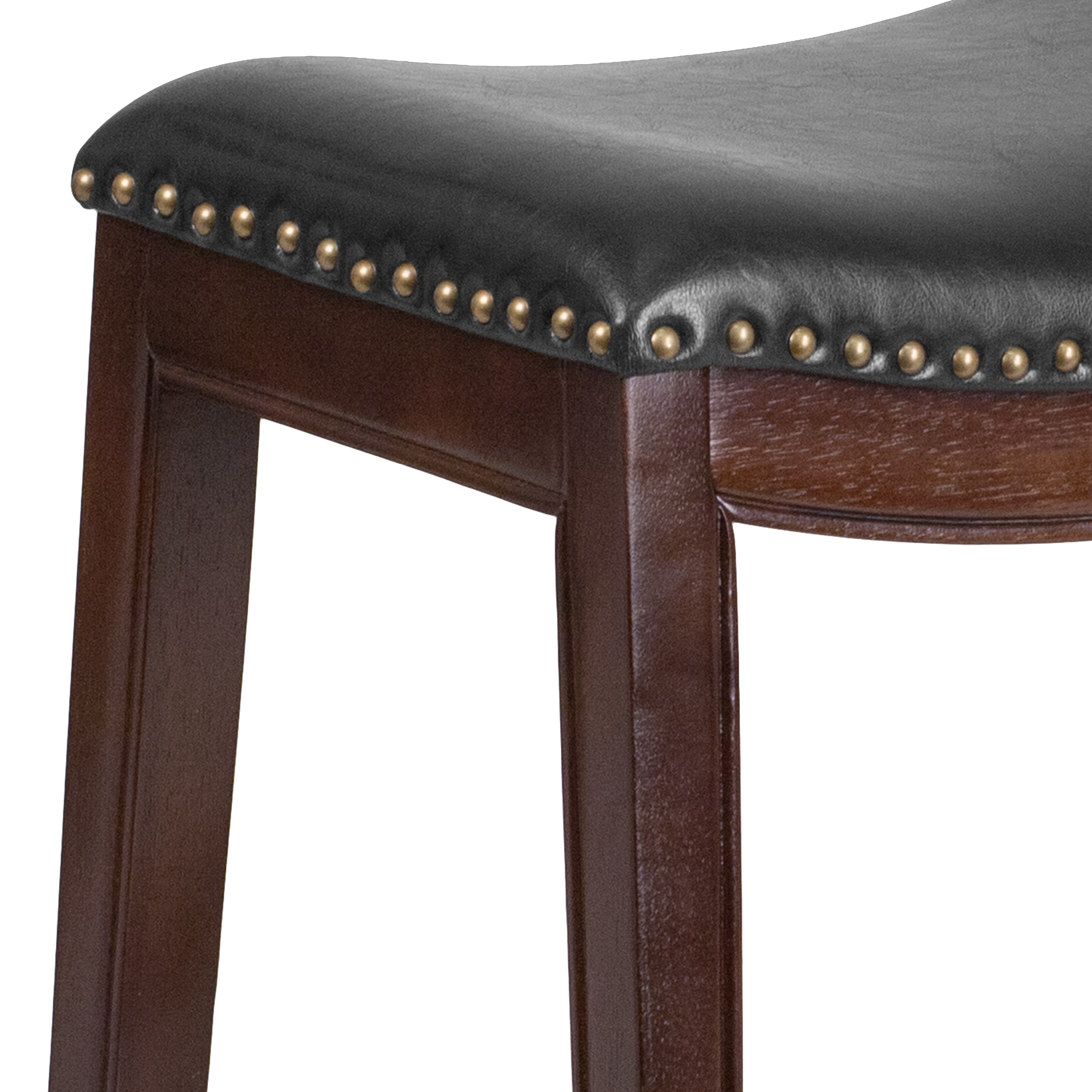 Elegant Backless Black Leather and Cappuccino Wood Counter Stool