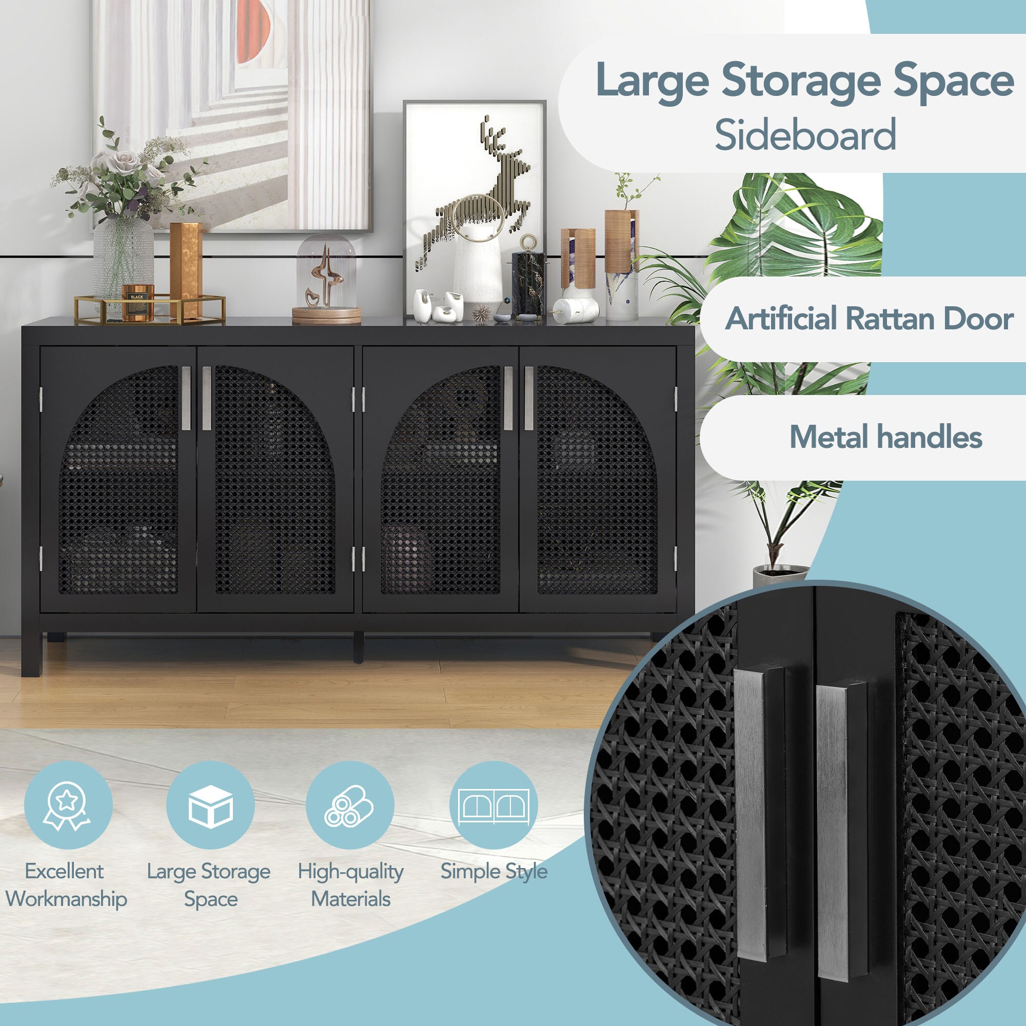 JIMSMAISON The 4-door cabinet with special-shape artificial rattan door panels, convenient metal handles, and a straight-line frame, is an ideal choice for any room in your home