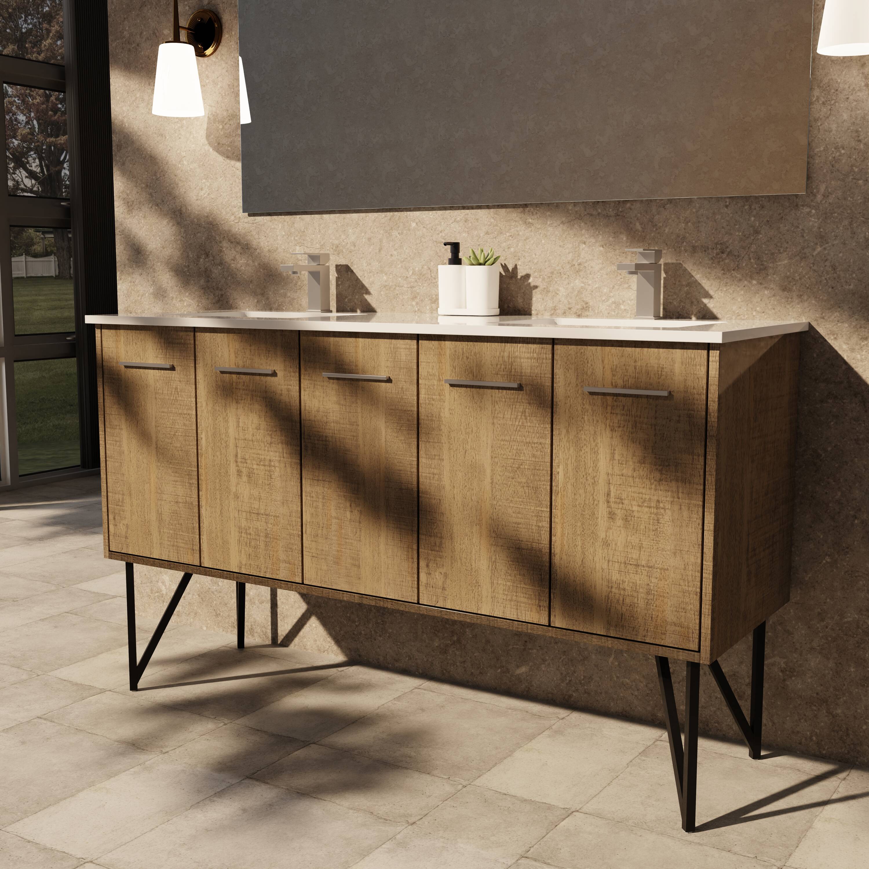 Lexora LVLY60DRA310 Lancy 60-in Rustic Acacia Undermount Double Sink Bathroom Vanity with White Cultured Marble Top (Mirror Included)