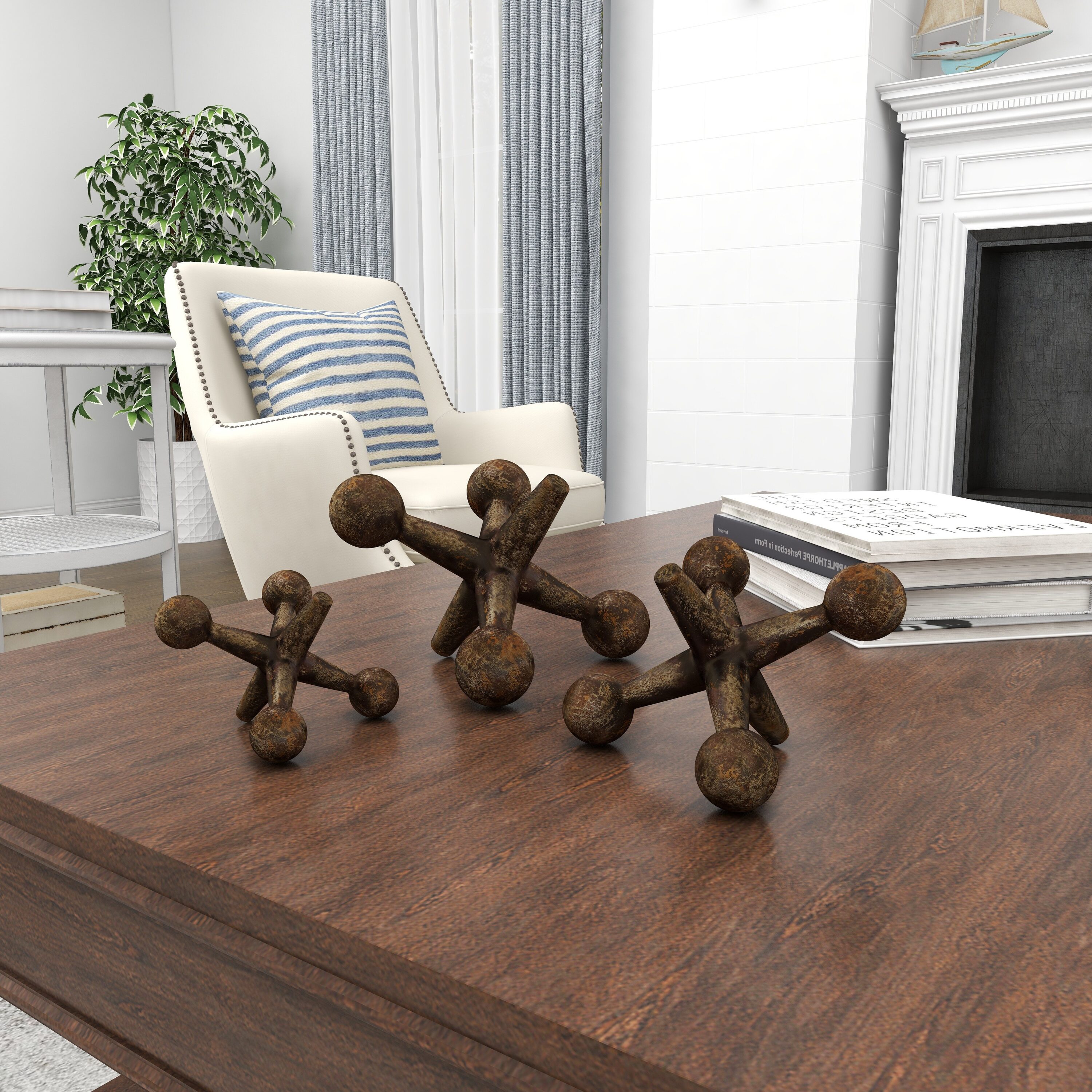 Distressed Gold and Black Iron Jacks Sculpture Set, 9"